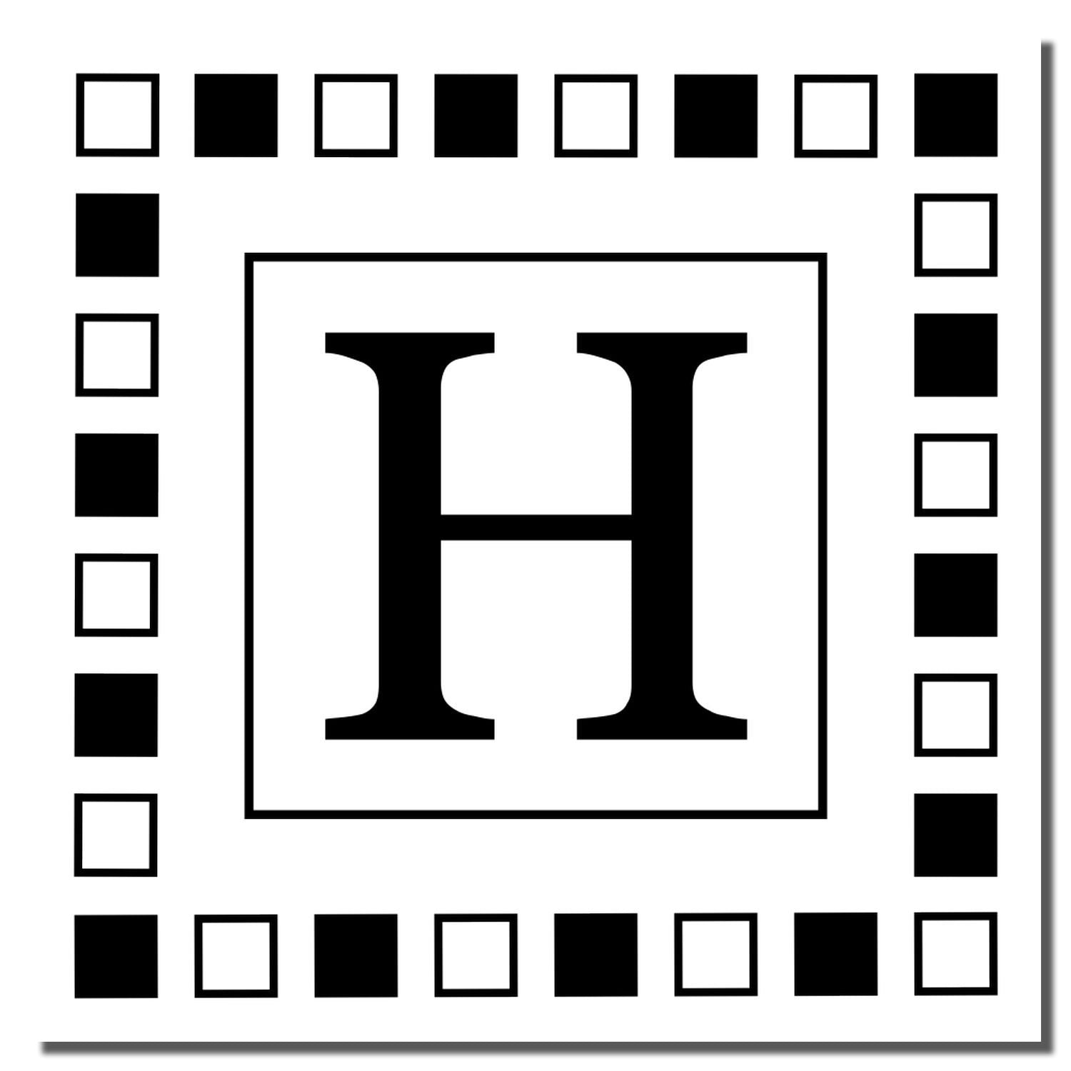 Letter H rubber stamp design with bold square border and checker accents for custom monogram and alphabet stamping.