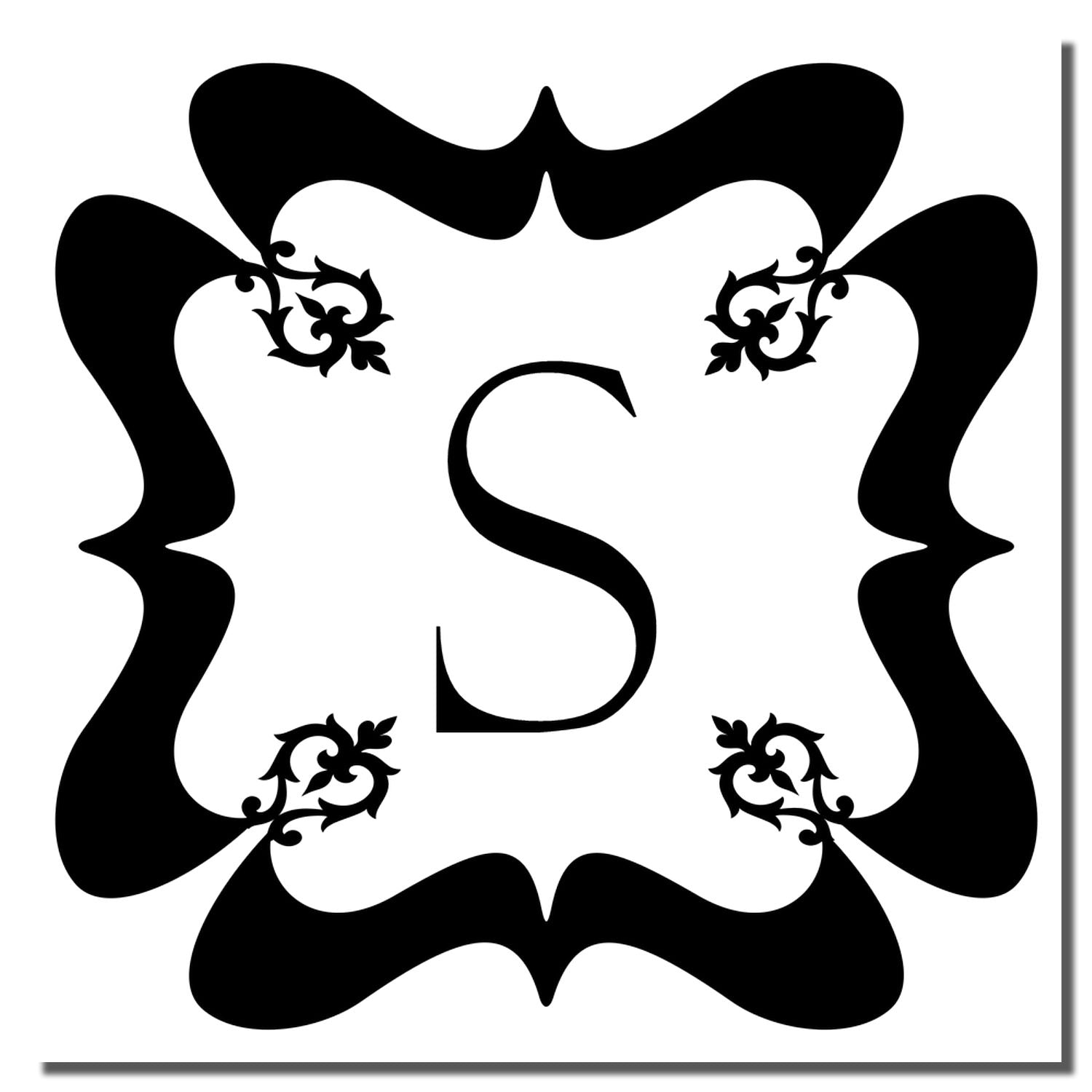 Ornate letter S monogram rubber stamp design with decorative floral frame for personalized stationery, invitations, and crafts