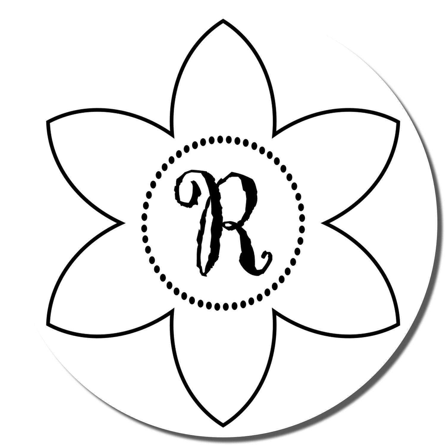 Floral monogram rubber stamp design with letter R in the center, outlined flower shape for custom crafting and stationery.