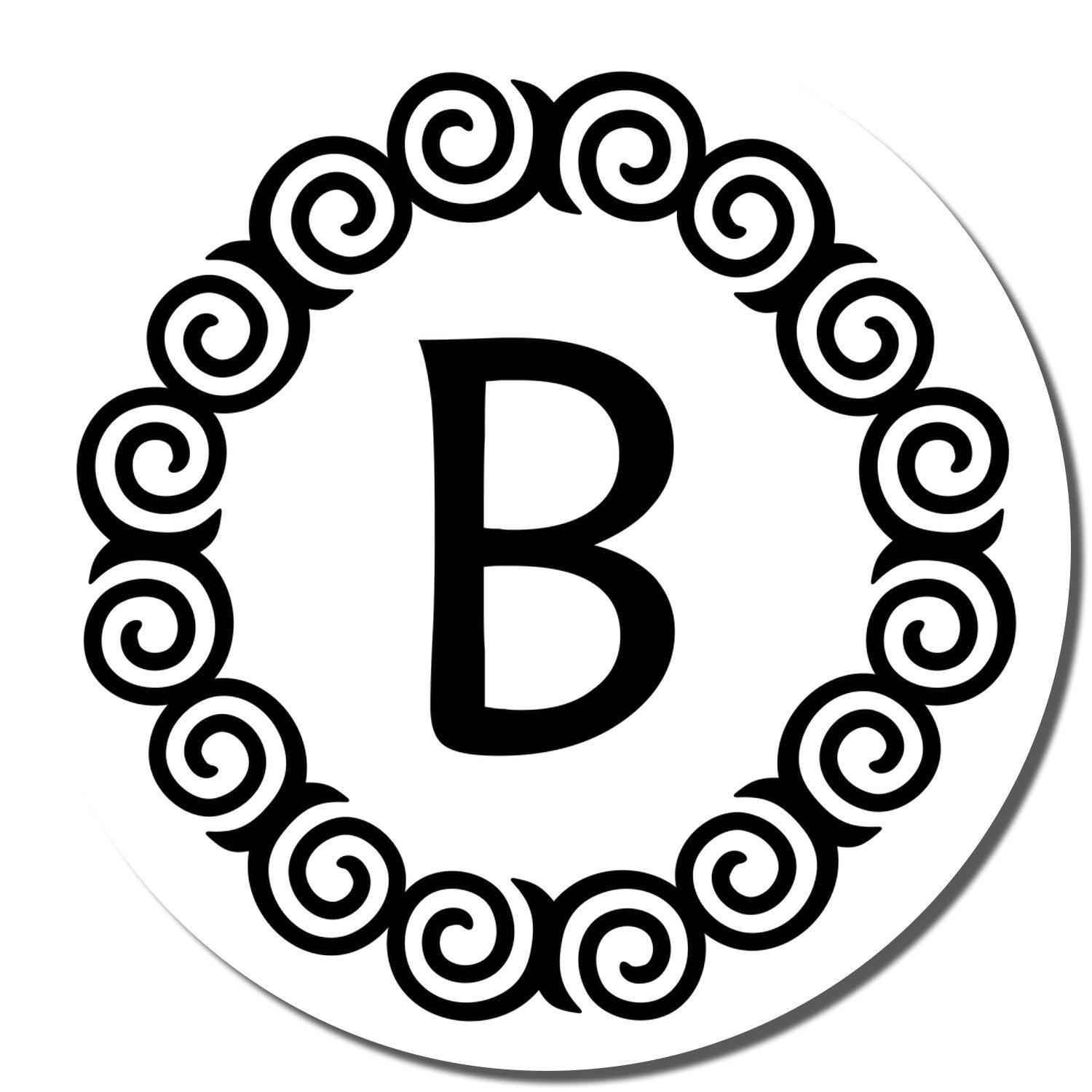 Decorative letter B monogram rubber stamp design with swirl circle border, ideal for custom branding and stationery.
