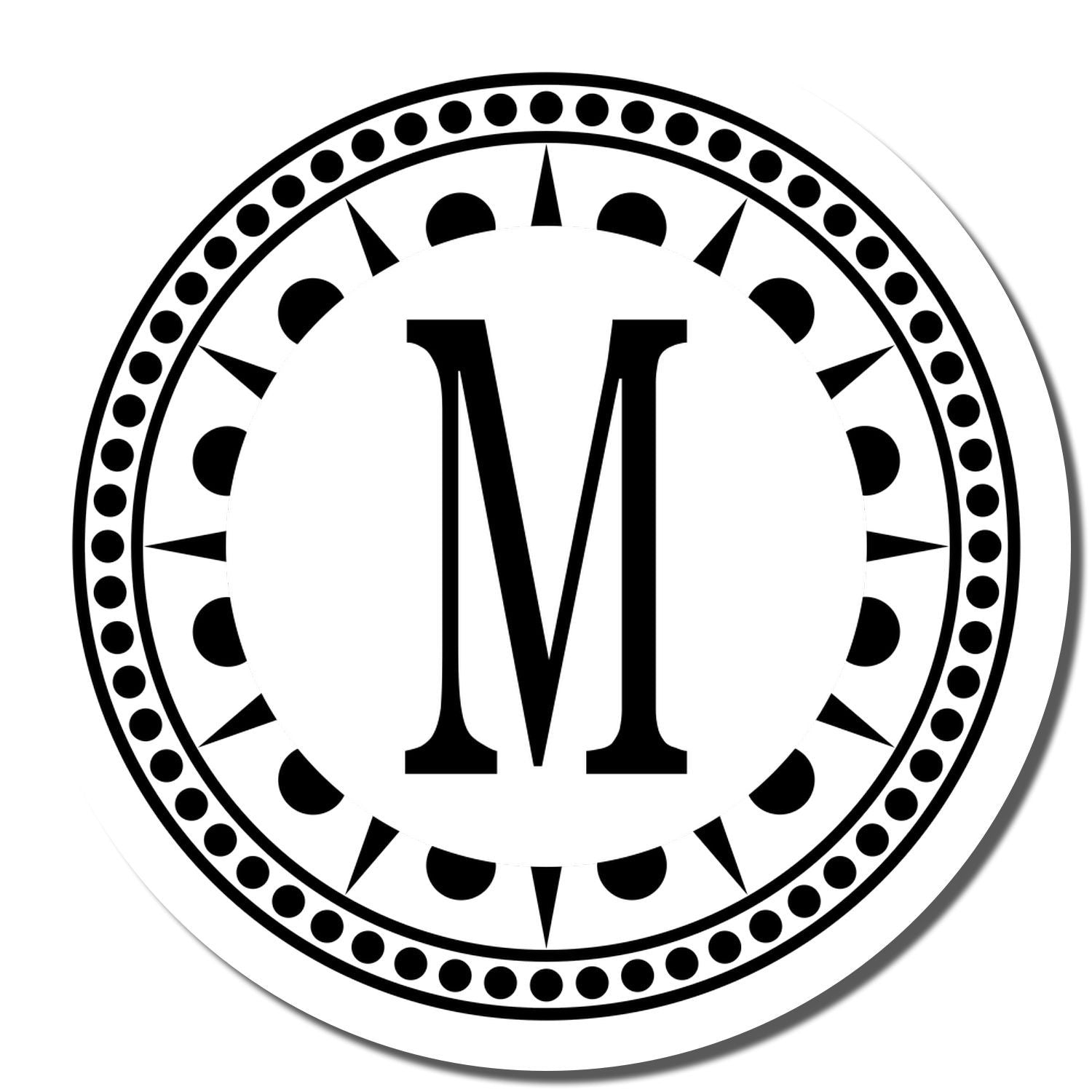 Custom circular monogram M rubber stamp design with decorative border, ideal for personalized branding and stationery.