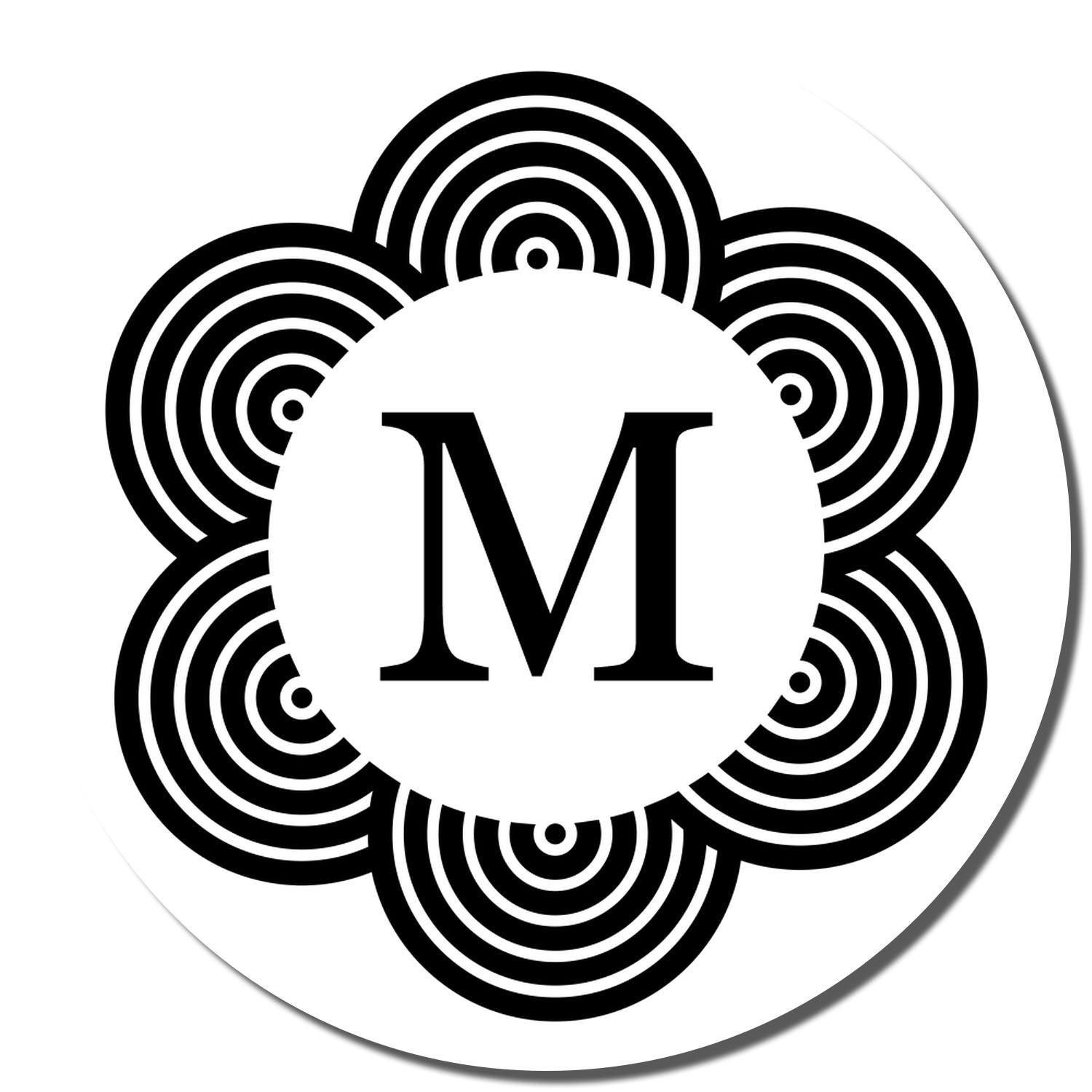 Decorative monogram M rubber stamp design with black floral circle pattern for custom personalized stamping