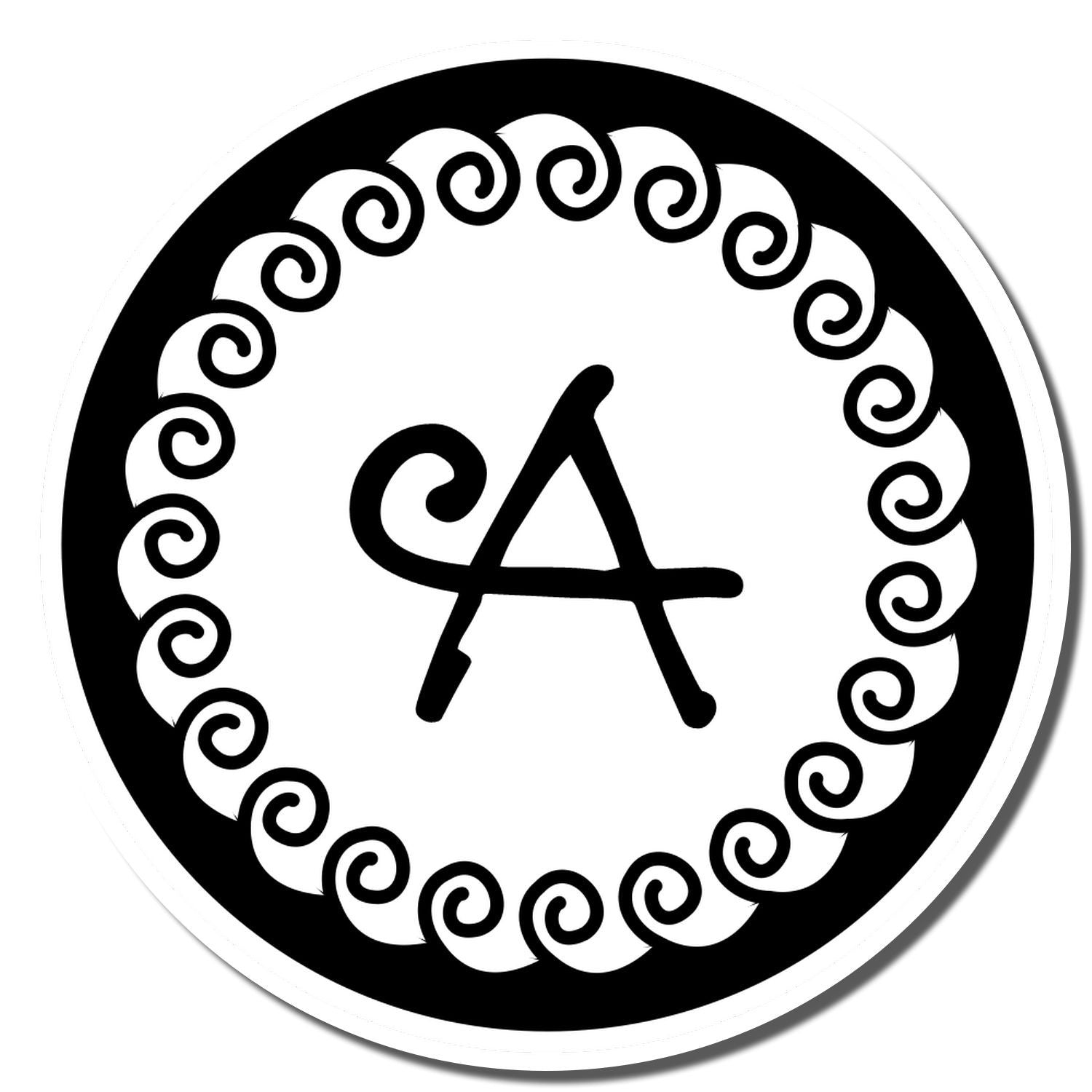 Decorative letter A rubber stamp design with circular spiral border for custom monogram, branding, or craft sealing.