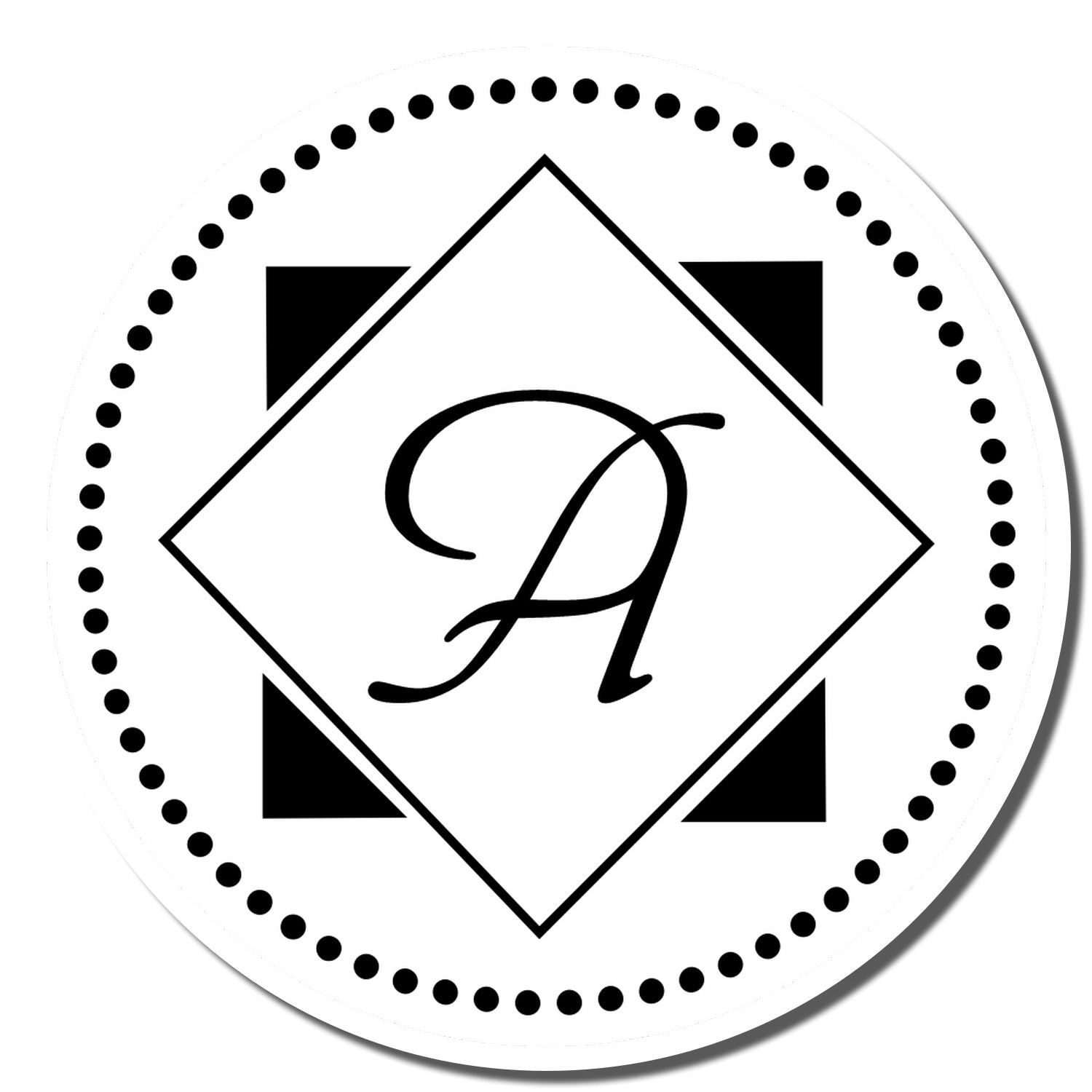 Custom monogram rubber stamp with letter A, diamond frame and dotted border for personalized branding or stationery
