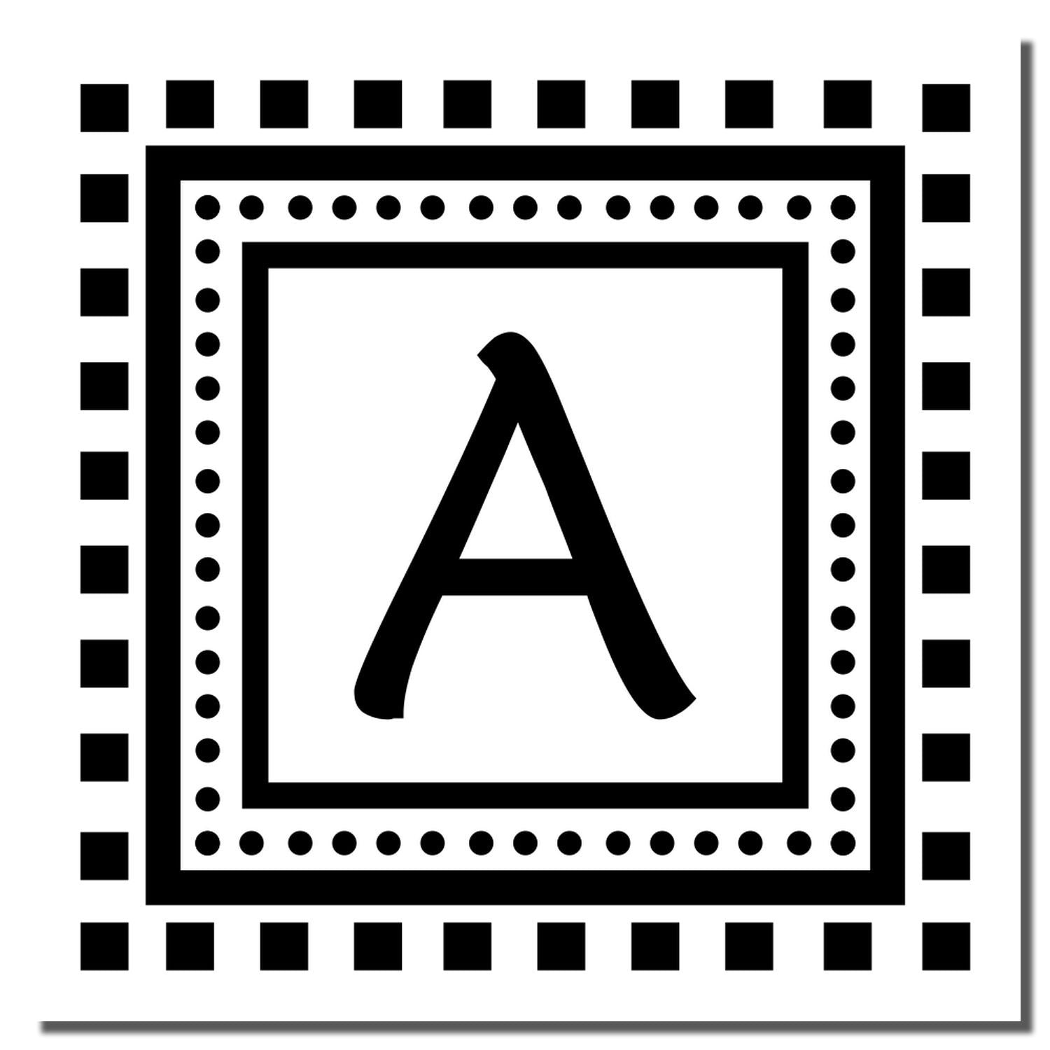 Bold letter A in a graphic design frame with dotted border, typographic alphabet icon for branding and education materials