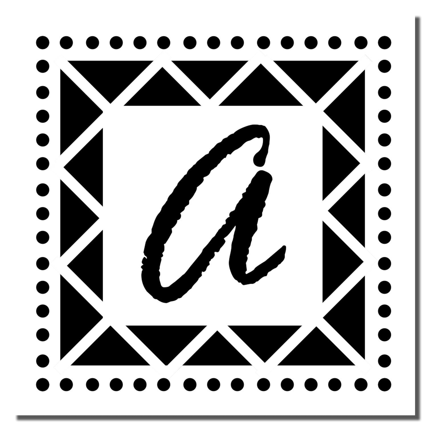 Custom monogram A rubber stamp with bold geometric triangle border and dotted square frame