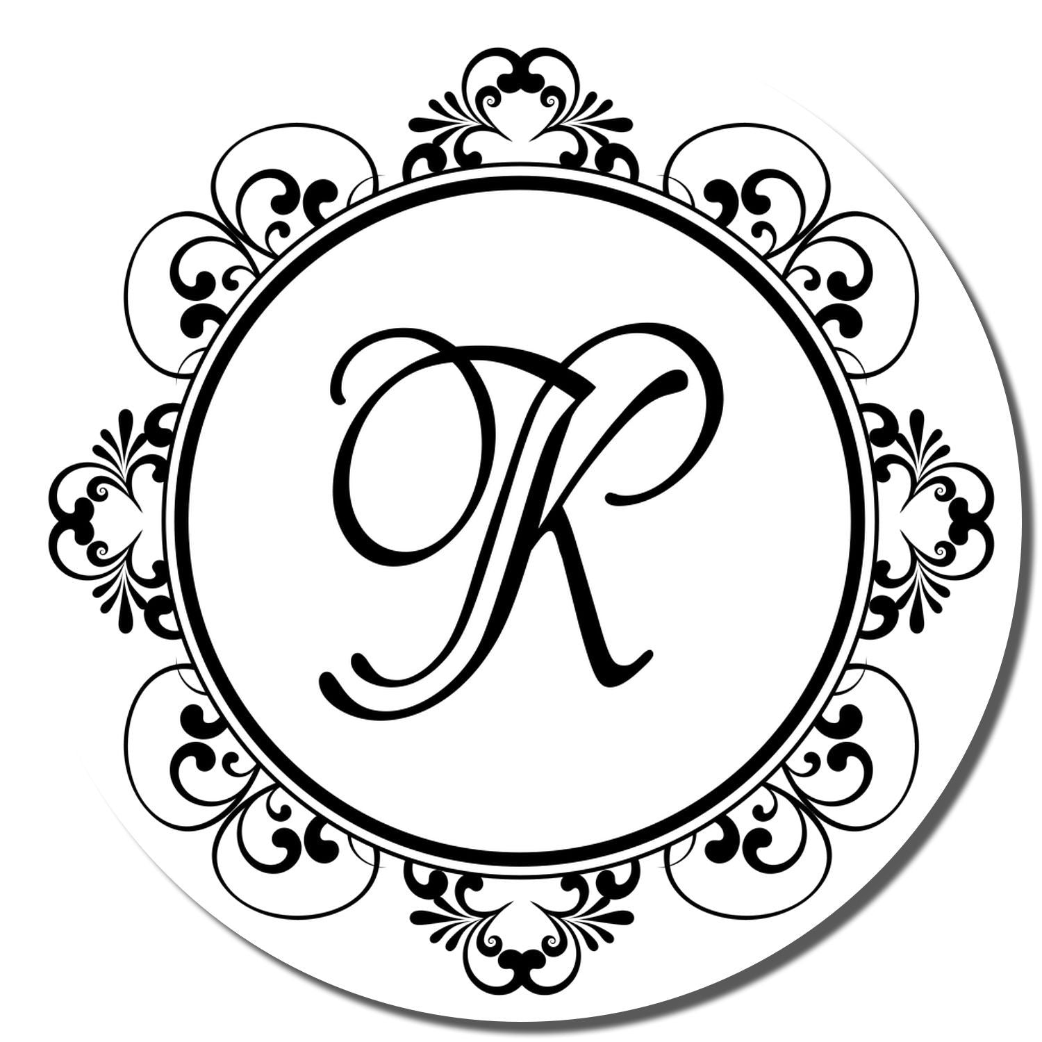 Ornate monogram P rubber stamp design with decorative floral circular frame for personalized stationery and branding