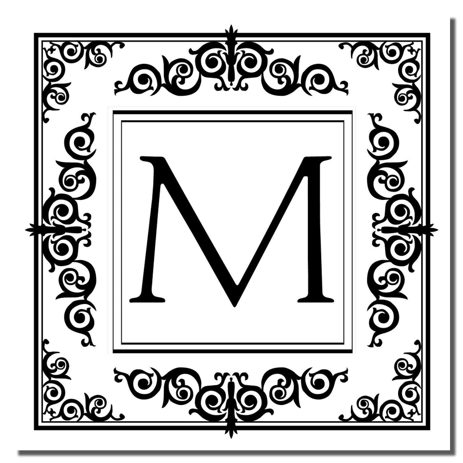 Ornate monogram M custom rubber stamp design with decorative vintage border