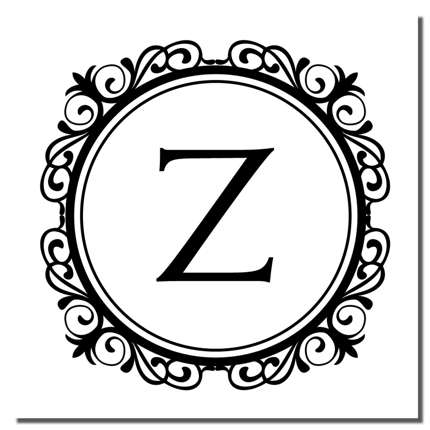 Ornate floral monogram rubber stamp with letter Z in a decorative circle for custom branding and wedding stationery.