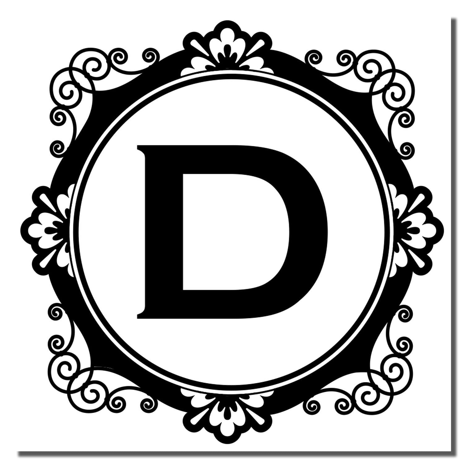 Ornate vintage monogram rubber stamp design with letter D in a decorative floral scroll frame.