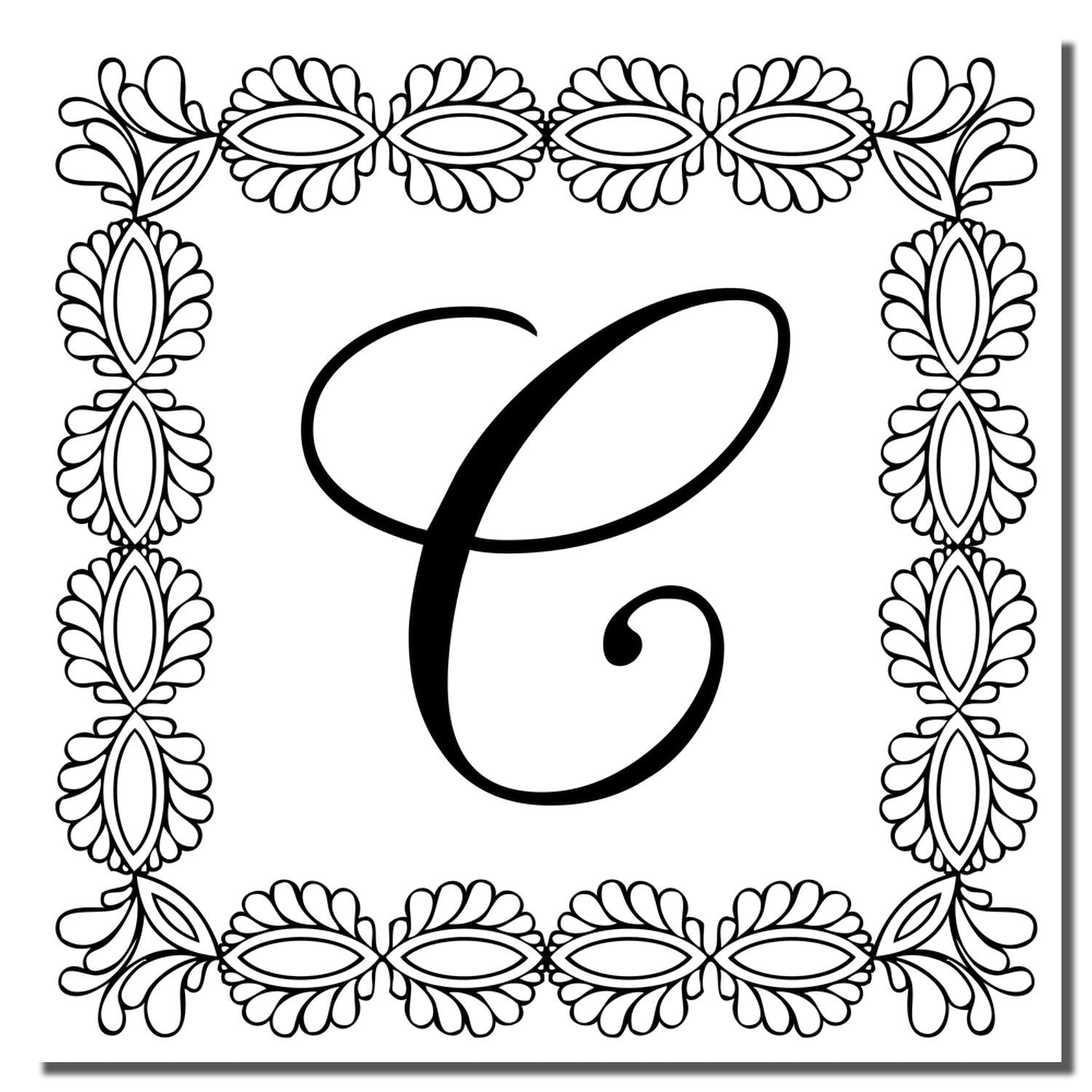 Ornate floral border monogram letter C rubber stamp design, perfect for custom stationery and personalized crafts.
