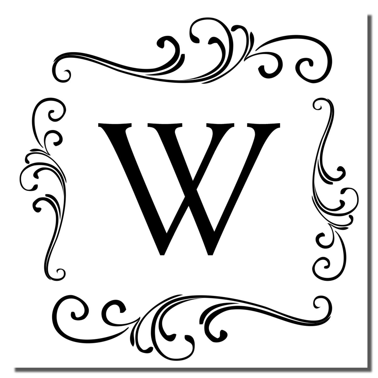 Decorative W monogram rubber stamp design with ornate flourishes for custom wedding, stationery, or branding.