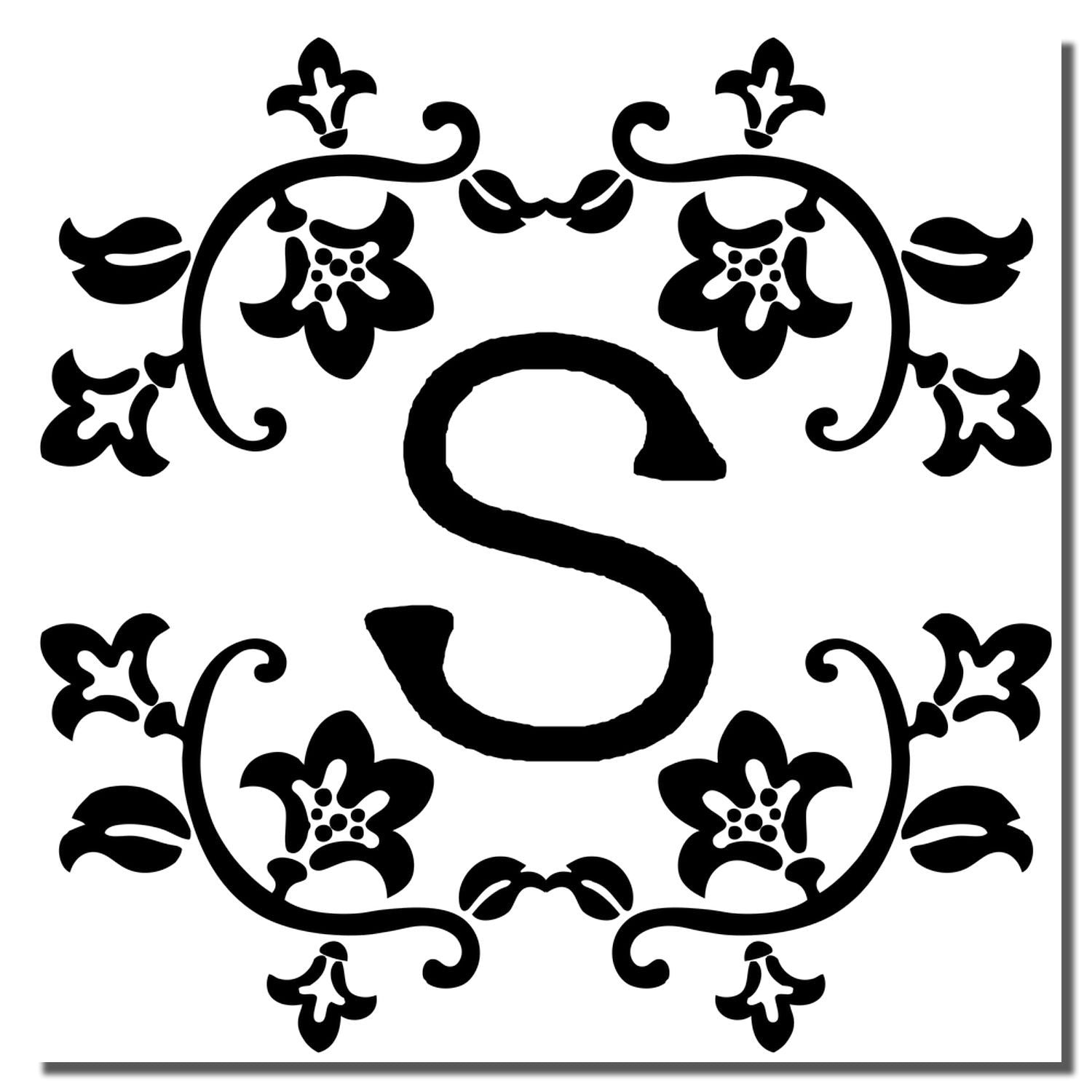 Decorative floral letter S rubber stamp design for custom monograms, scrapbooking, invitations, and craft projects.