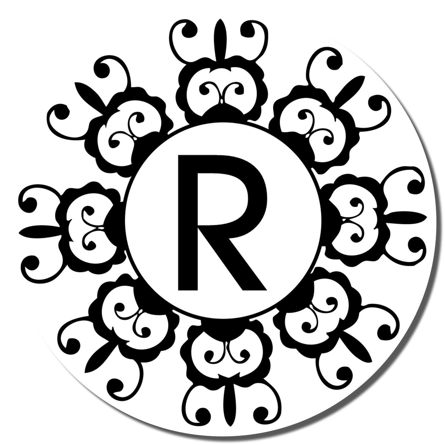 Custom monogram R rubber stamp design with ornamental floral scroll border for personalized stationery and crafts