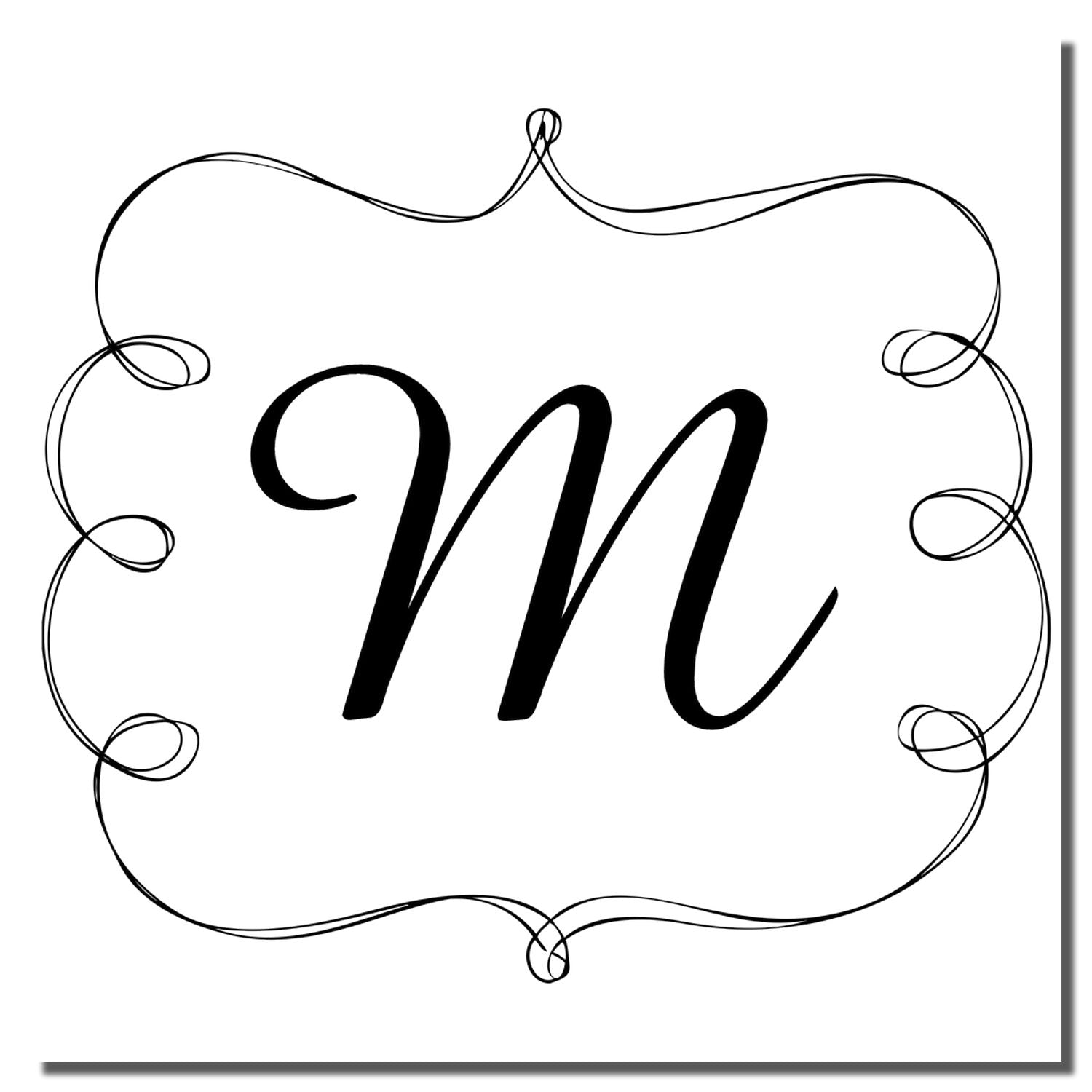 Decorative letter M monogram rubber stamp with ornate frame for personalized stationery, wedding favors, and crafts.