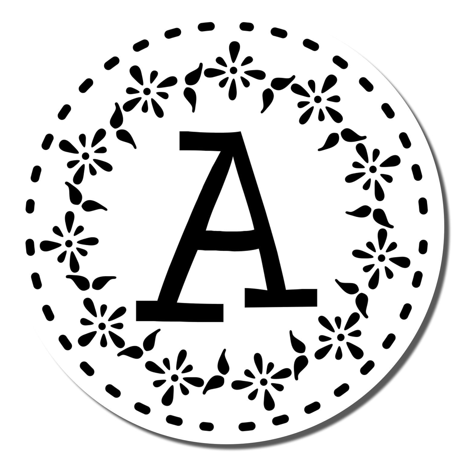 Custom floral letter A rubber stamp with circular decorative border for monogram and craft stamping