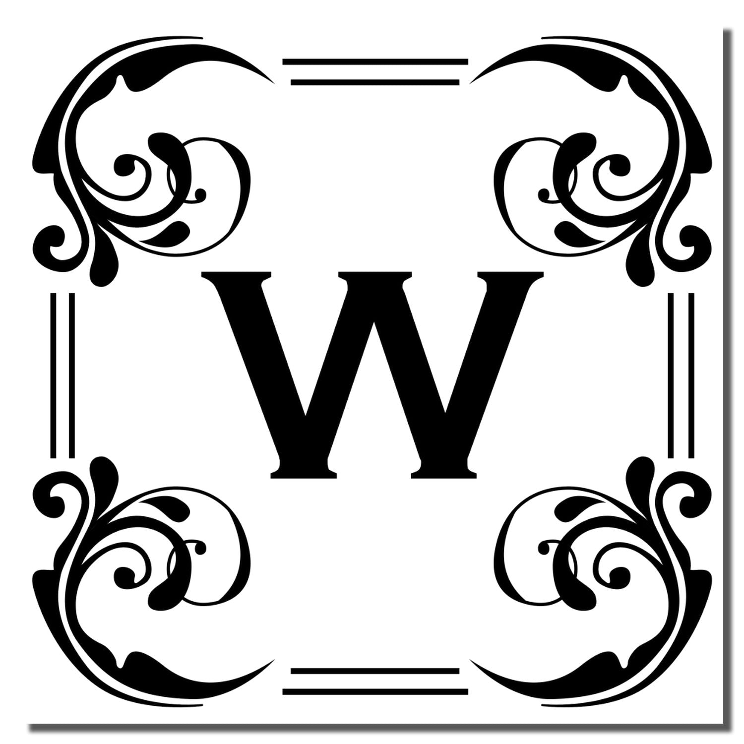 Decorative monogram W rubber stamp design with ornate floral corner frame for custom stationery, branding, or invitations