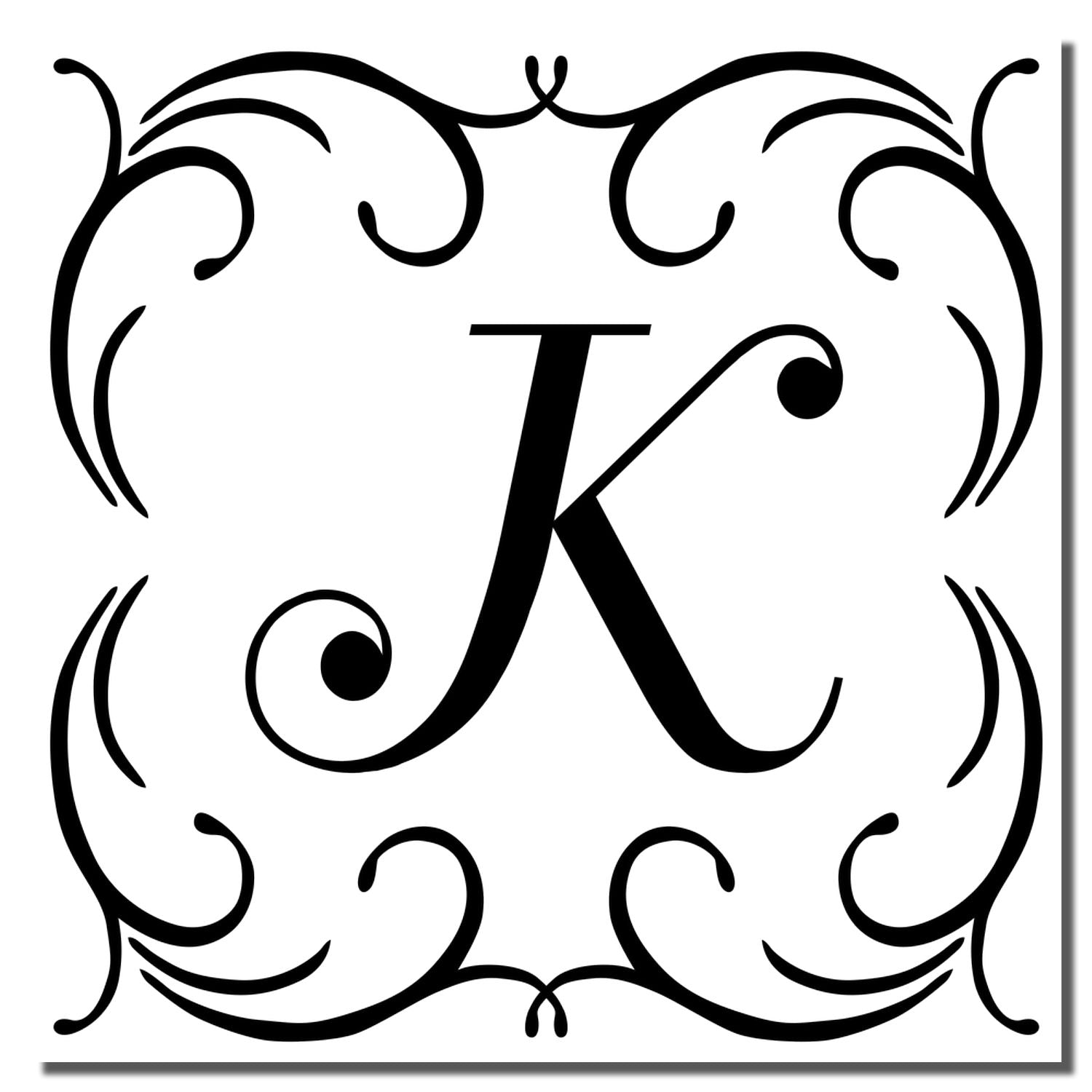 Ornate letter K monogram rubber stamp design with decorative vintage scroll frame
