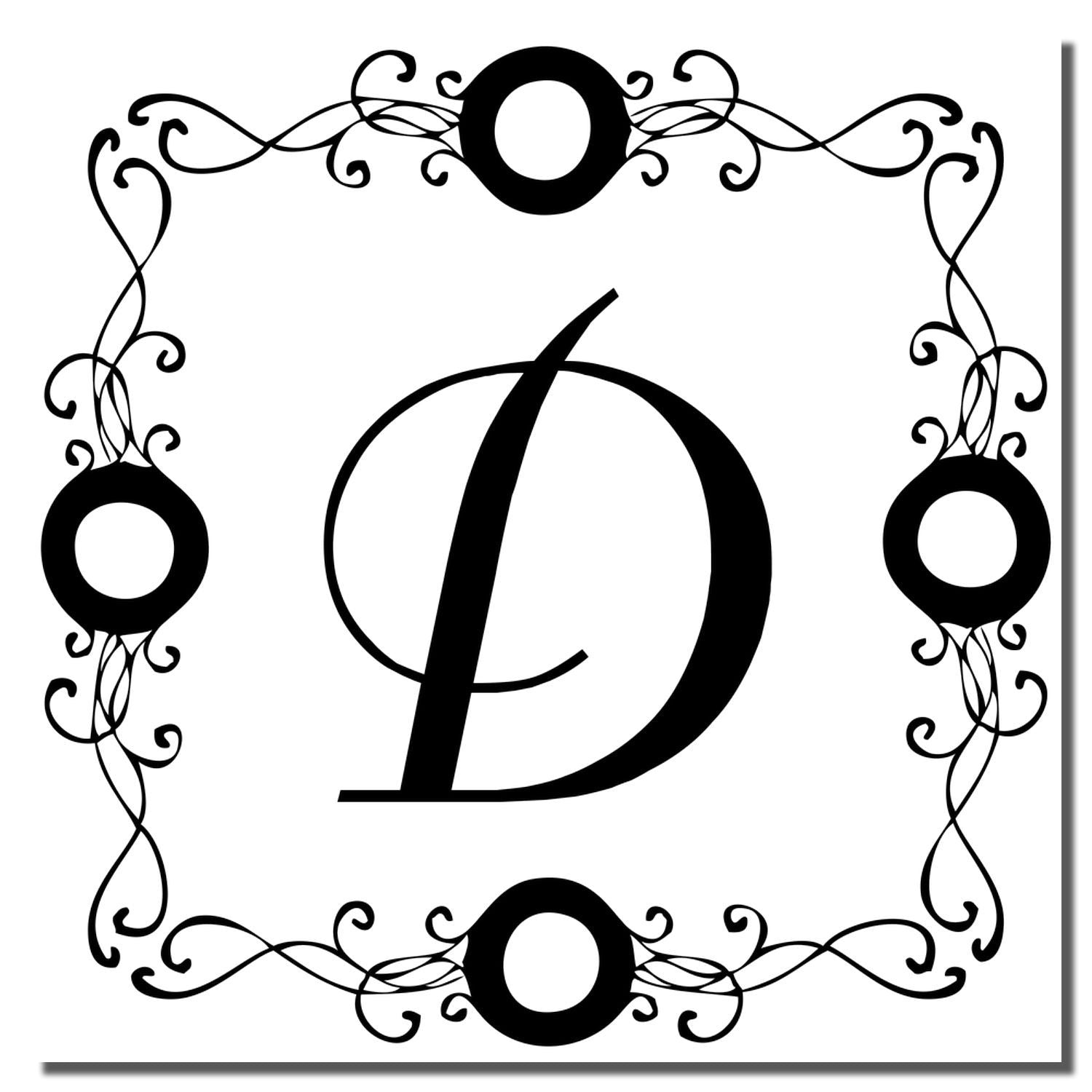Decorative letter D monogram rubber stamp with ornate vintage frame for personalized wedding invitations, stationery, and branding.