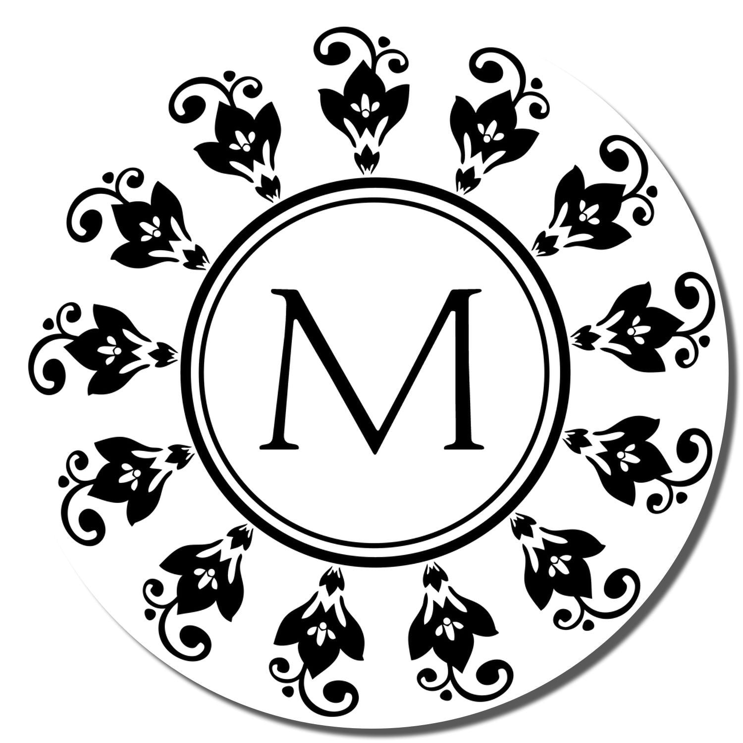 Decorative floral monogram M rubber stamp design with circular black botanical border for personalized stationery and crafts