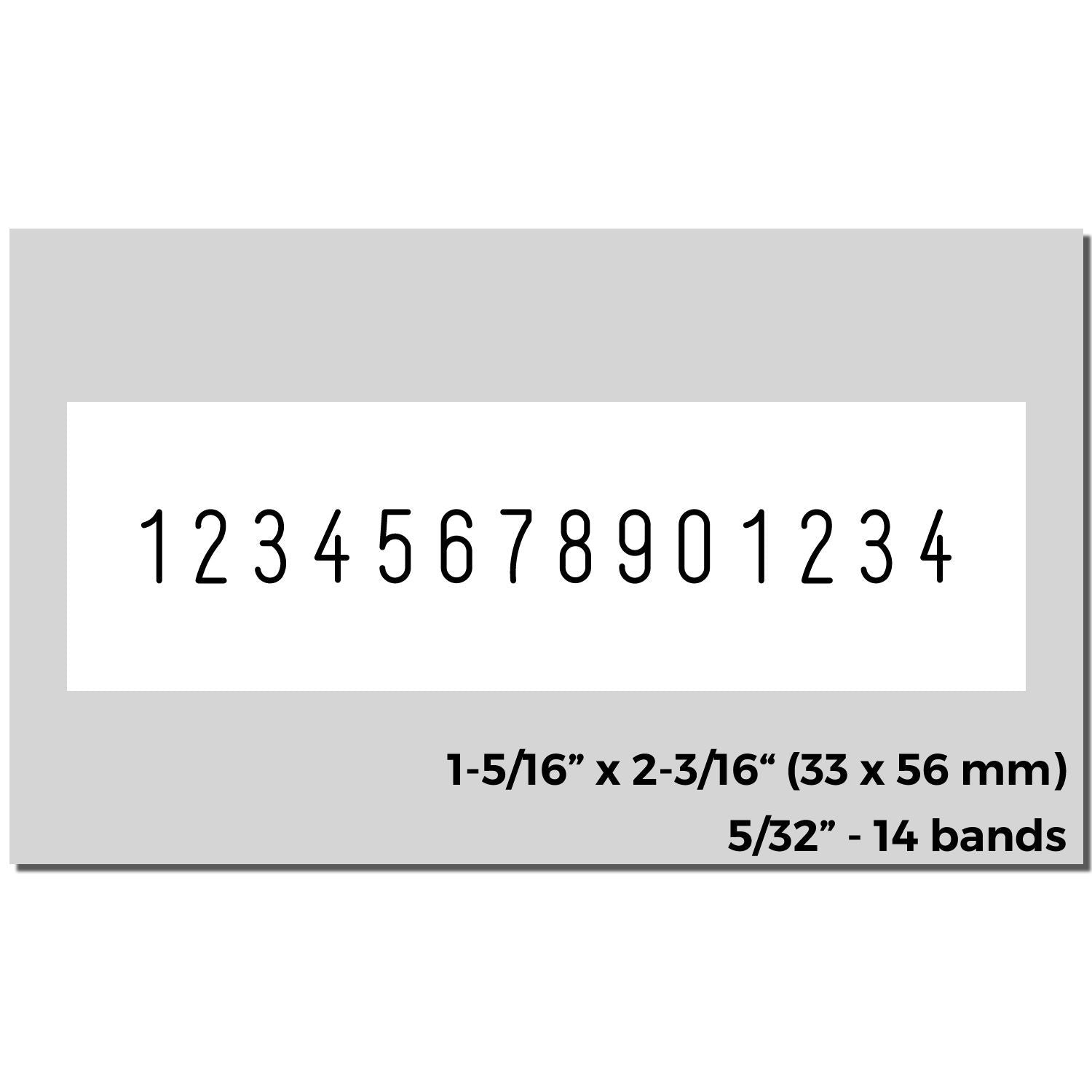 Numeric label sheet showing 12345678901234 with size 1-5/16" x 2-3/16" (33 x 56 mm) and 14 bands.