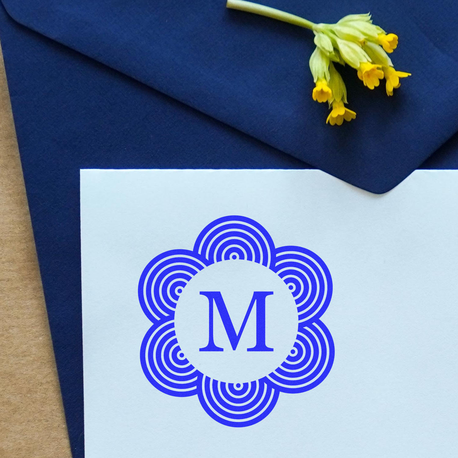 Blue gift box and note with fingerprint icon letter M, accented by yellow flowerstechnology-themed cybersecurity logo branding.