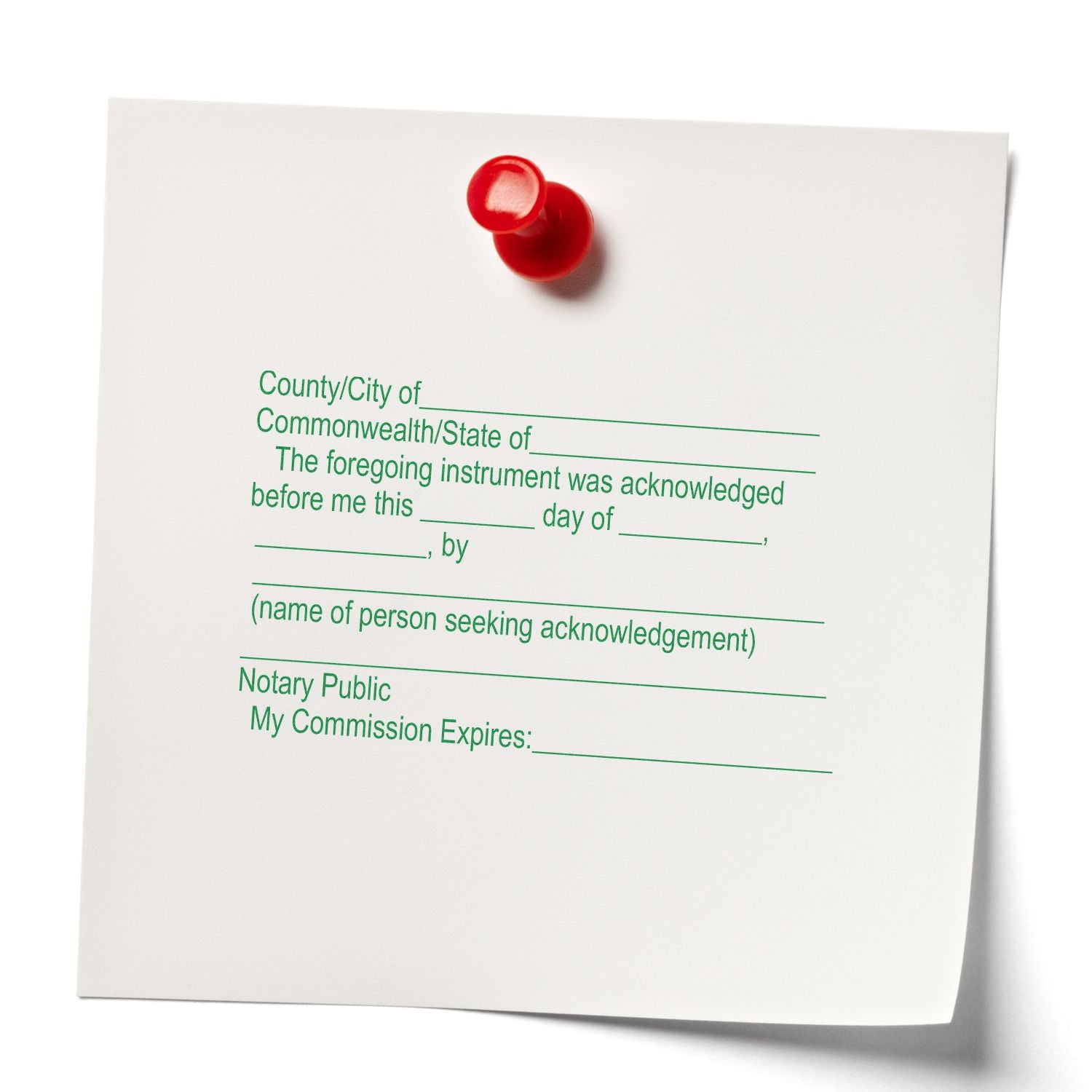 Notary public acknowledgment form pinned to white paper with a red pushpin on a clean background