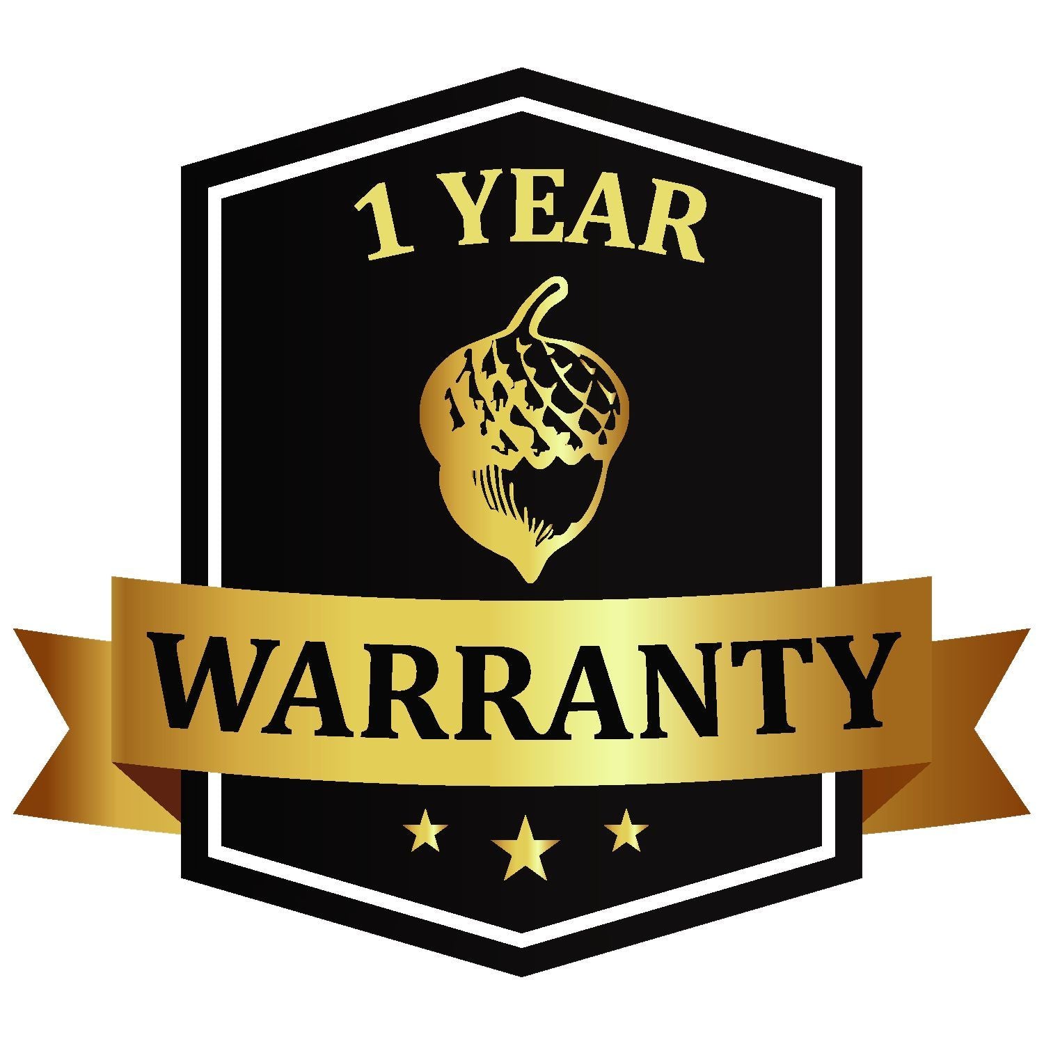 Gold and black 1 year warranty badge with ribbon and stars, premium product guarantee emblem