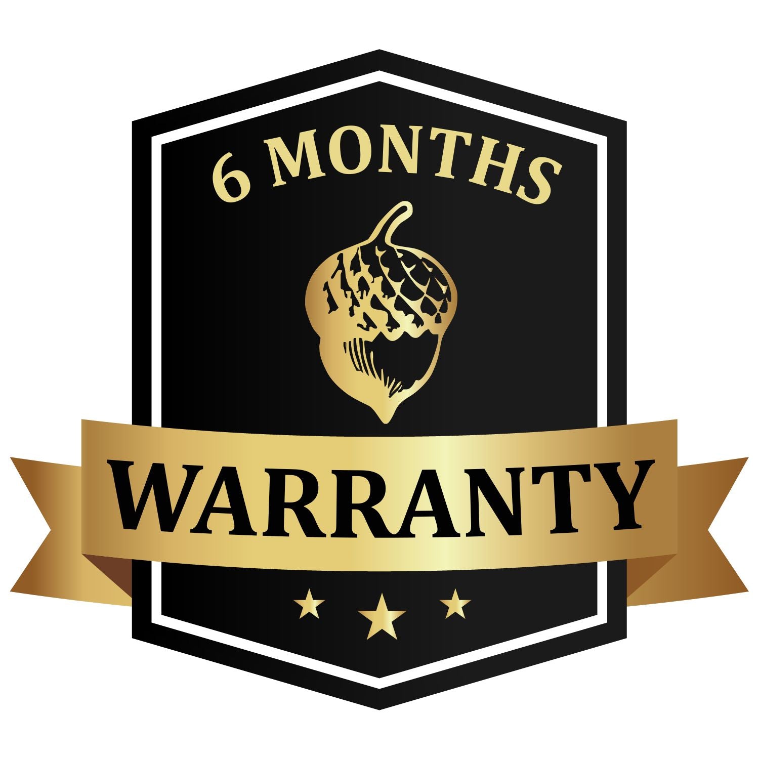 6 months warranty rubber stamp design with gold ribbon and acorn emblem for product guarantee labels.