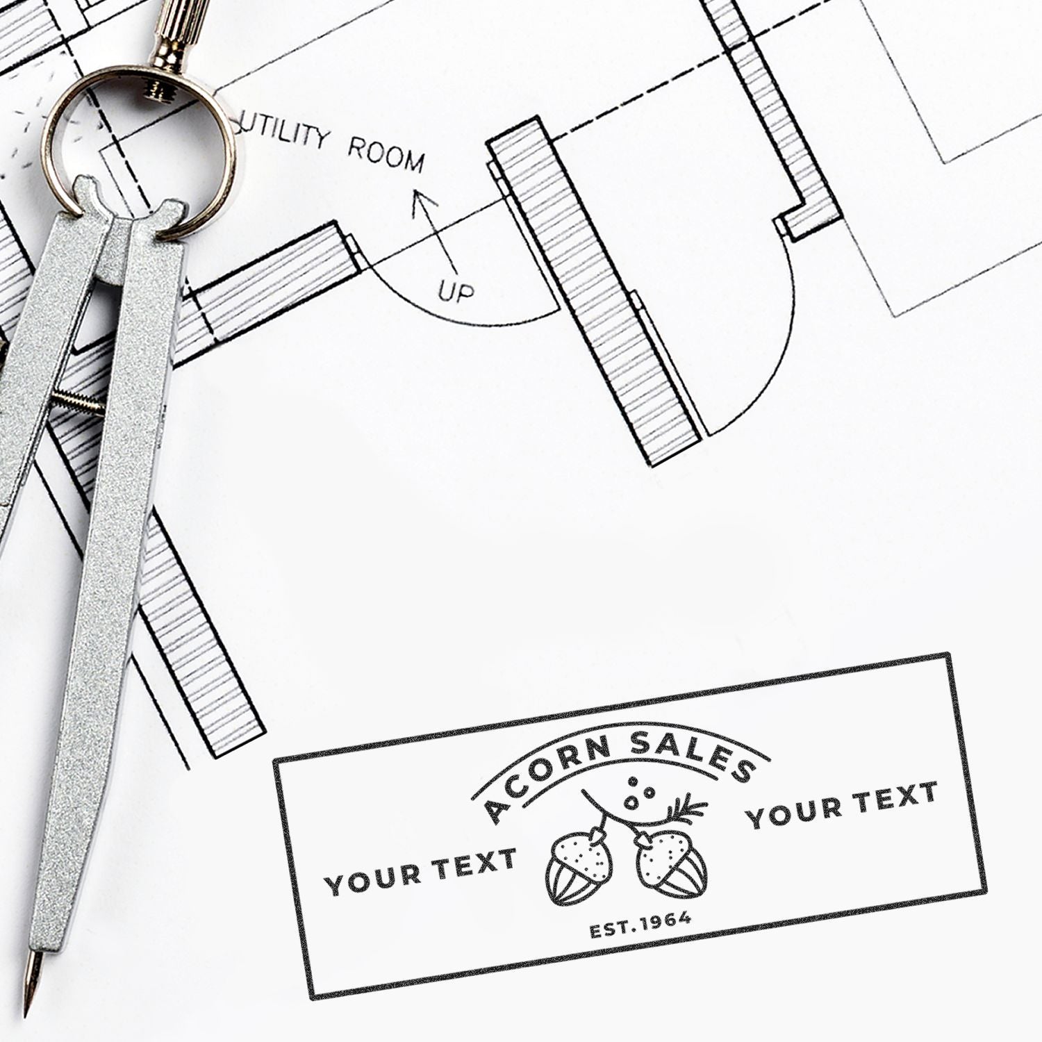 Utility room blueprint plan with magnifying glass and measuring tools, showing home construction and Acorn Sales contractor services.