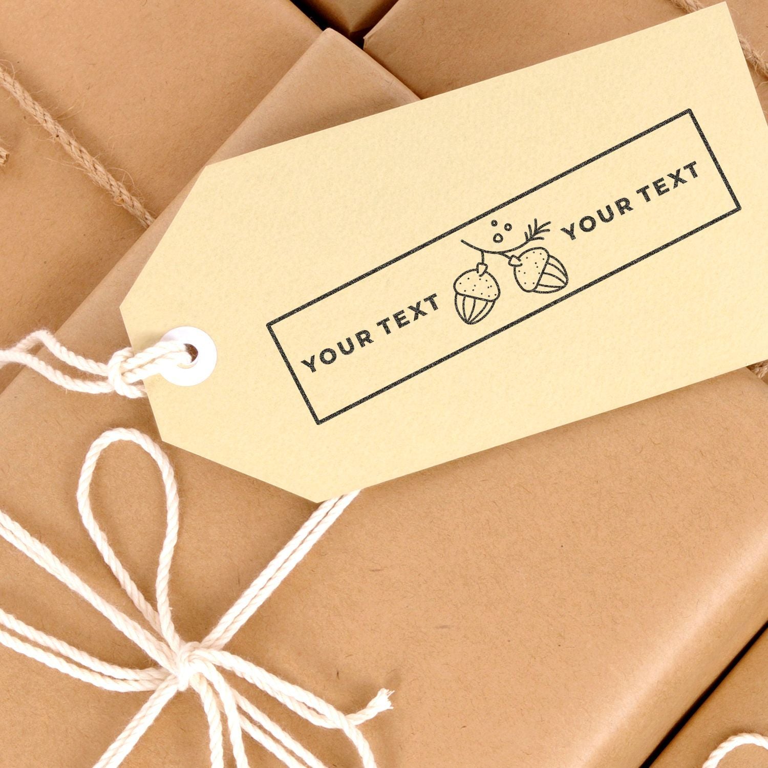 Custom Your Text gift tag on kraft paper packages tied with white twine, perfect for personalized deliveries