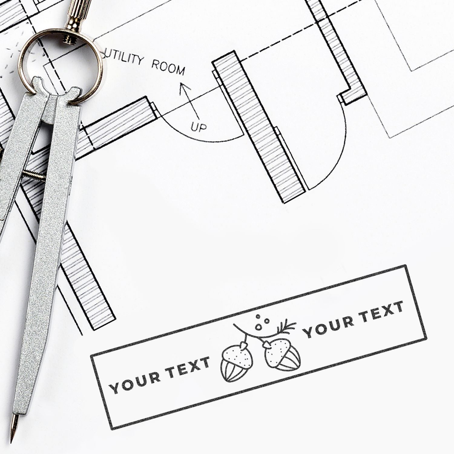 Blueprint utility room floor plan with magnifying glass and pencil, highlighting UP direction and space for your custom text.