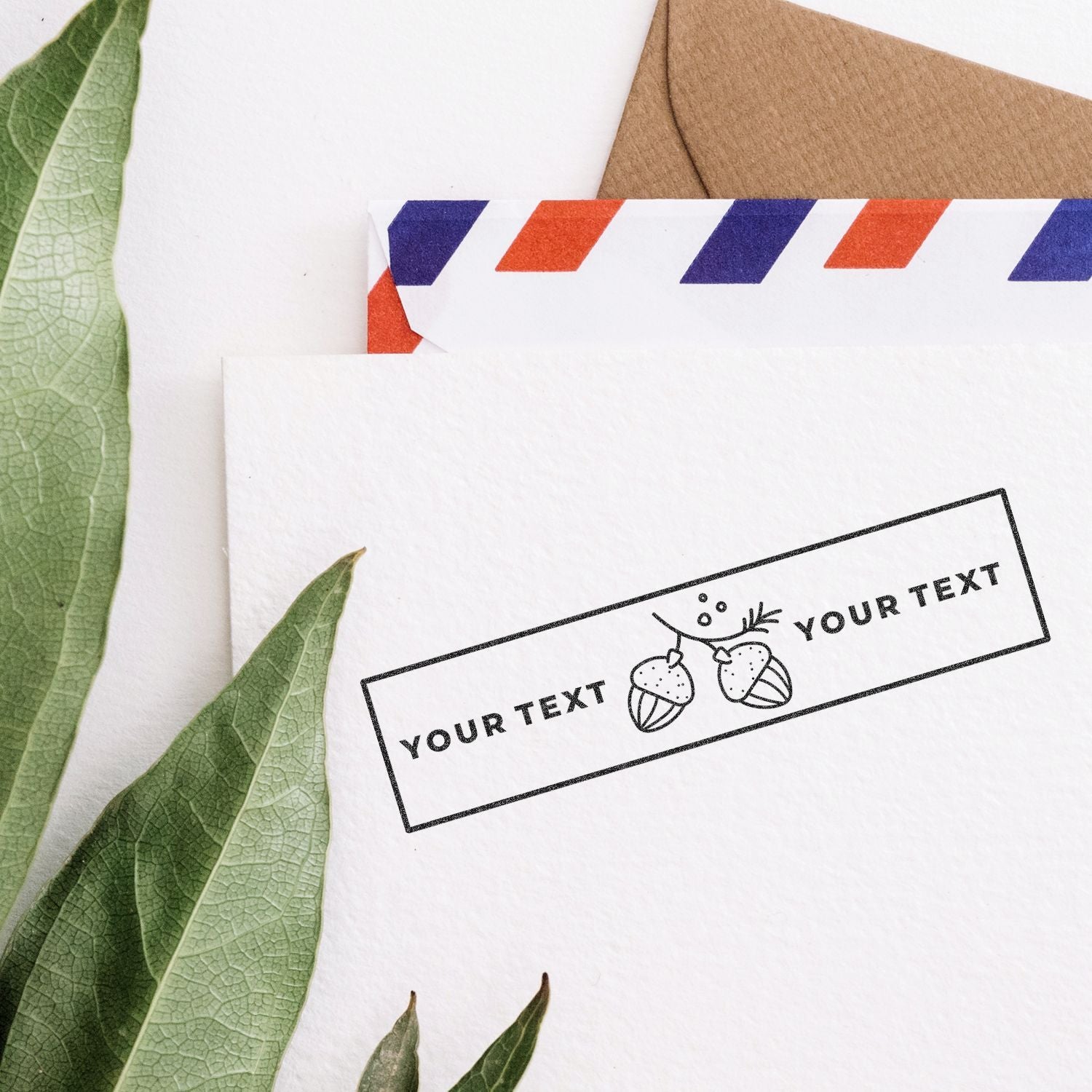 Customizable label template with strawberry doodles and Your Text on white paper with green leaves.