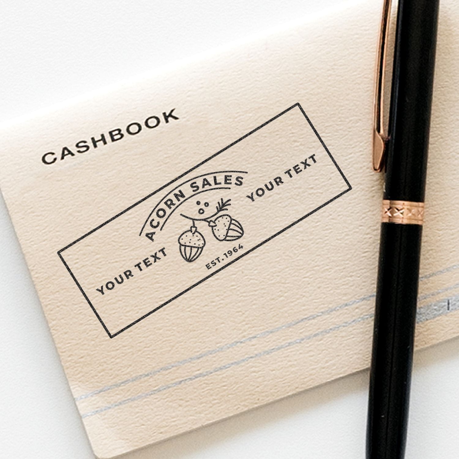 Cashbook notebook cover with bakery sales branding, 'CASHBOOK', 'YOUR TEXT' and 'EST. 1964' icons for accounting and sales tracking