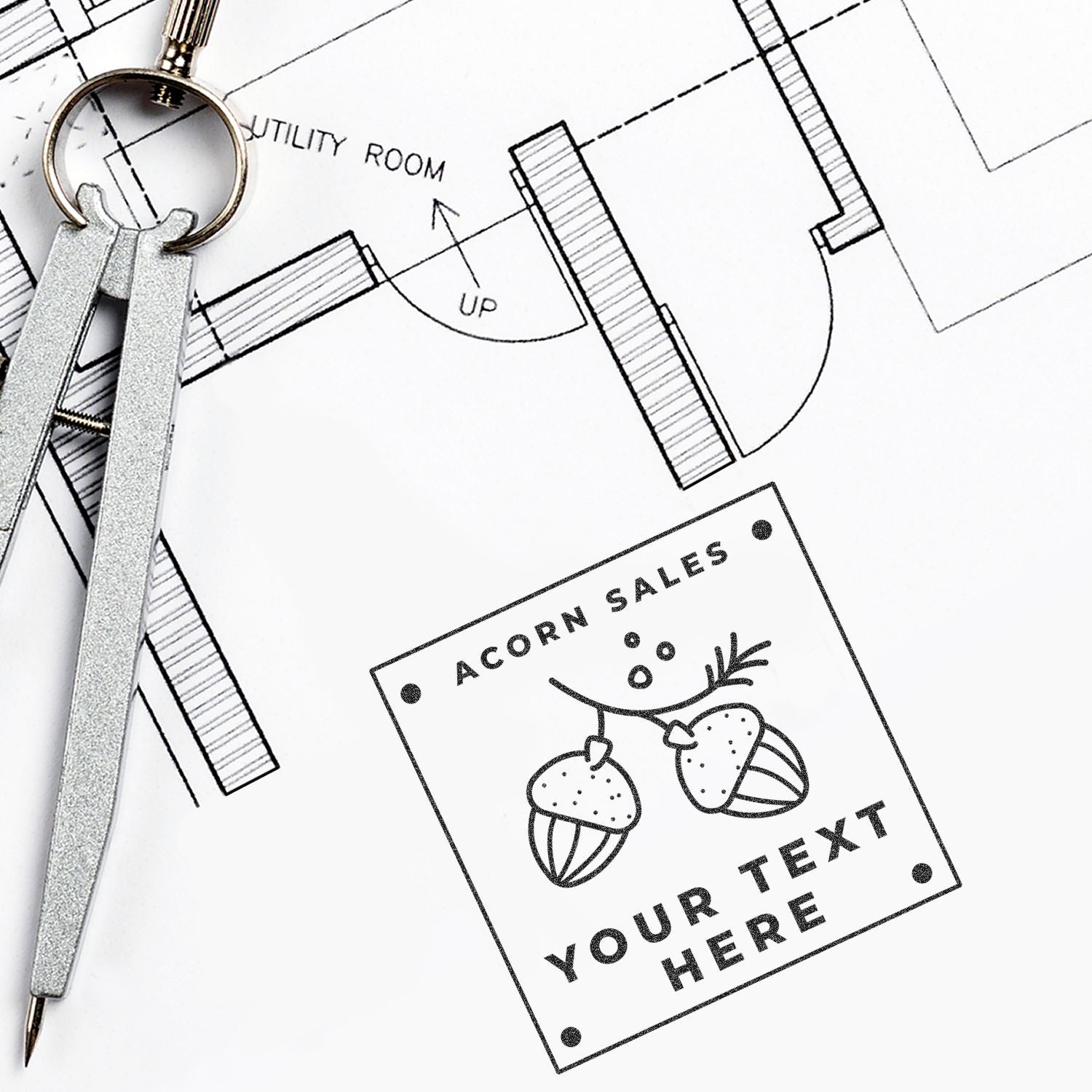 Key and floor plan diagram with Utility Room plus an Acorn SalesYour Text Here card for real estate marketing.