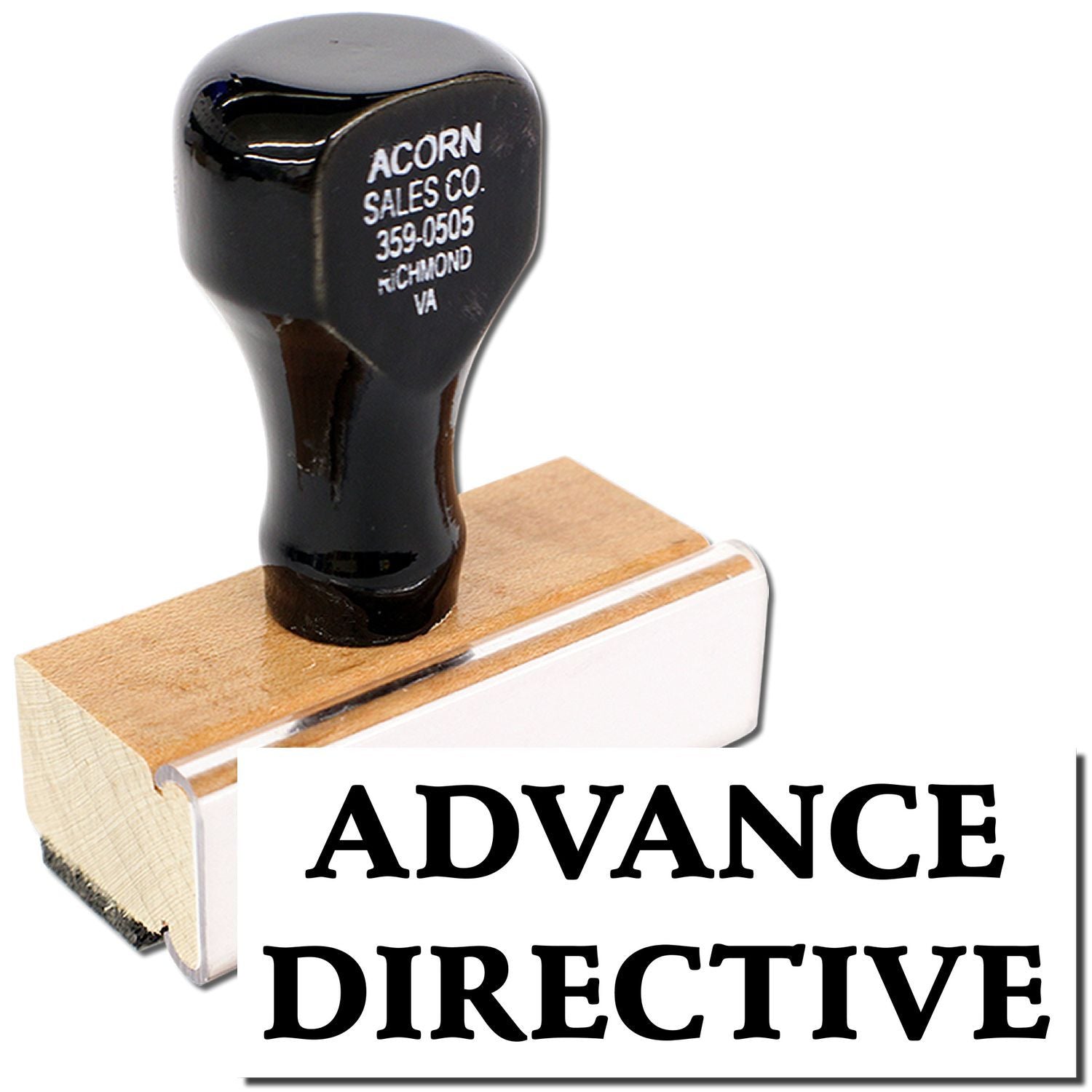 Advance directive stamp with Acorn Sales Co. ink handle, used to mark medical healthcare directives on official patient documentation forms.