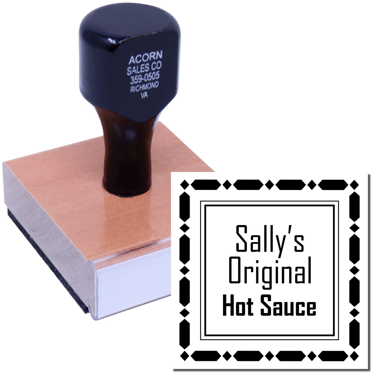 Custom rubber stamp for Sallys Original Hot Sauce branding, ideal for packaging, labels, and product marketing.