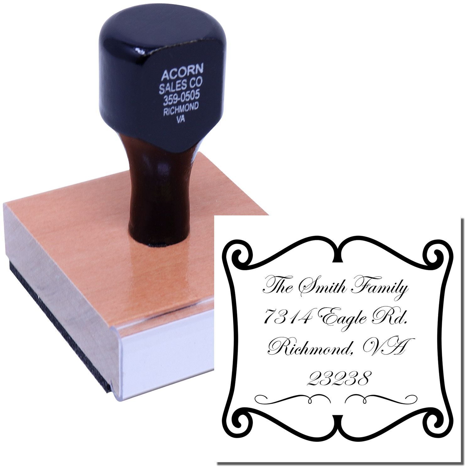 Custom return address rubber stamp with decorative family name design for personalized envelopes and mailings.