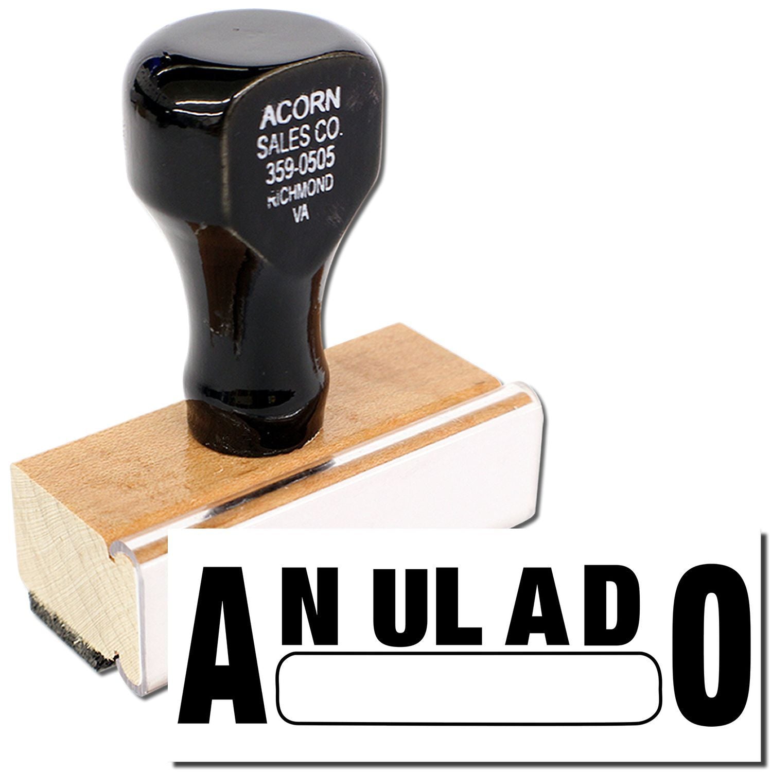 Black golf club head branded Acorn Sales Co. on shipping block, labeled ANULADO for canceled product.