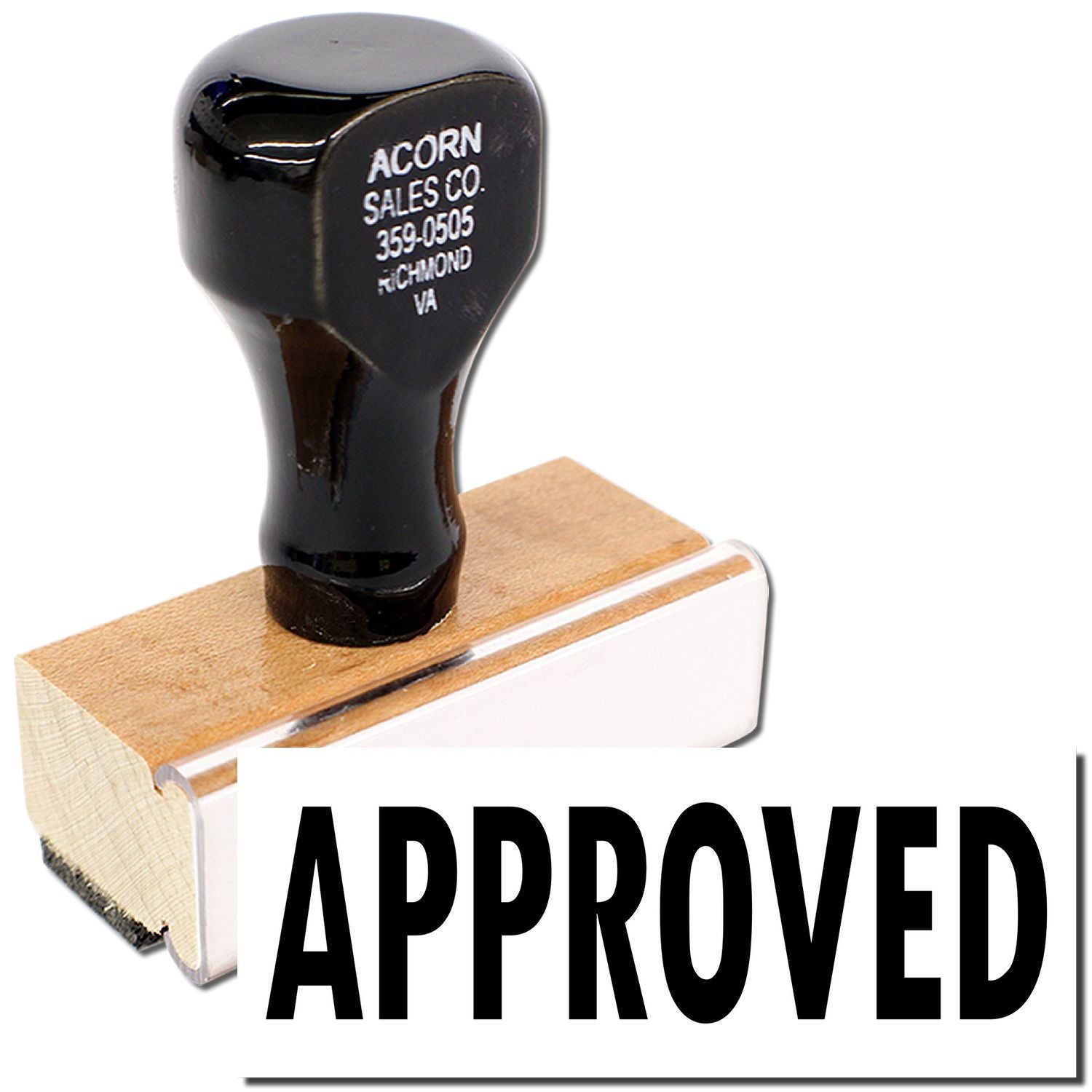 Acorn Sales Co. 359-0505 Richmond VA Approved rubber stamp on wooden handle for document approval use