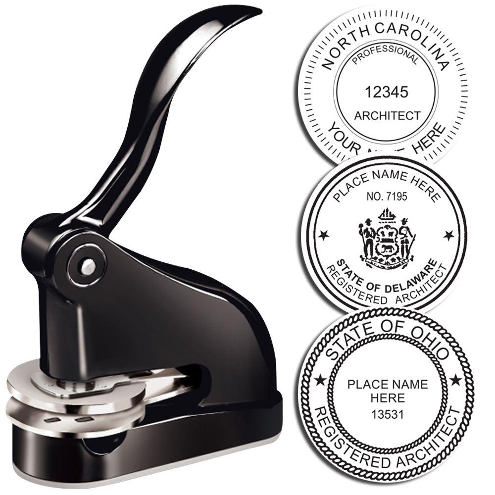 Black embossing seal press with custom professional architect stamps for North Carolina, Delaware, and Ohio registered architects.