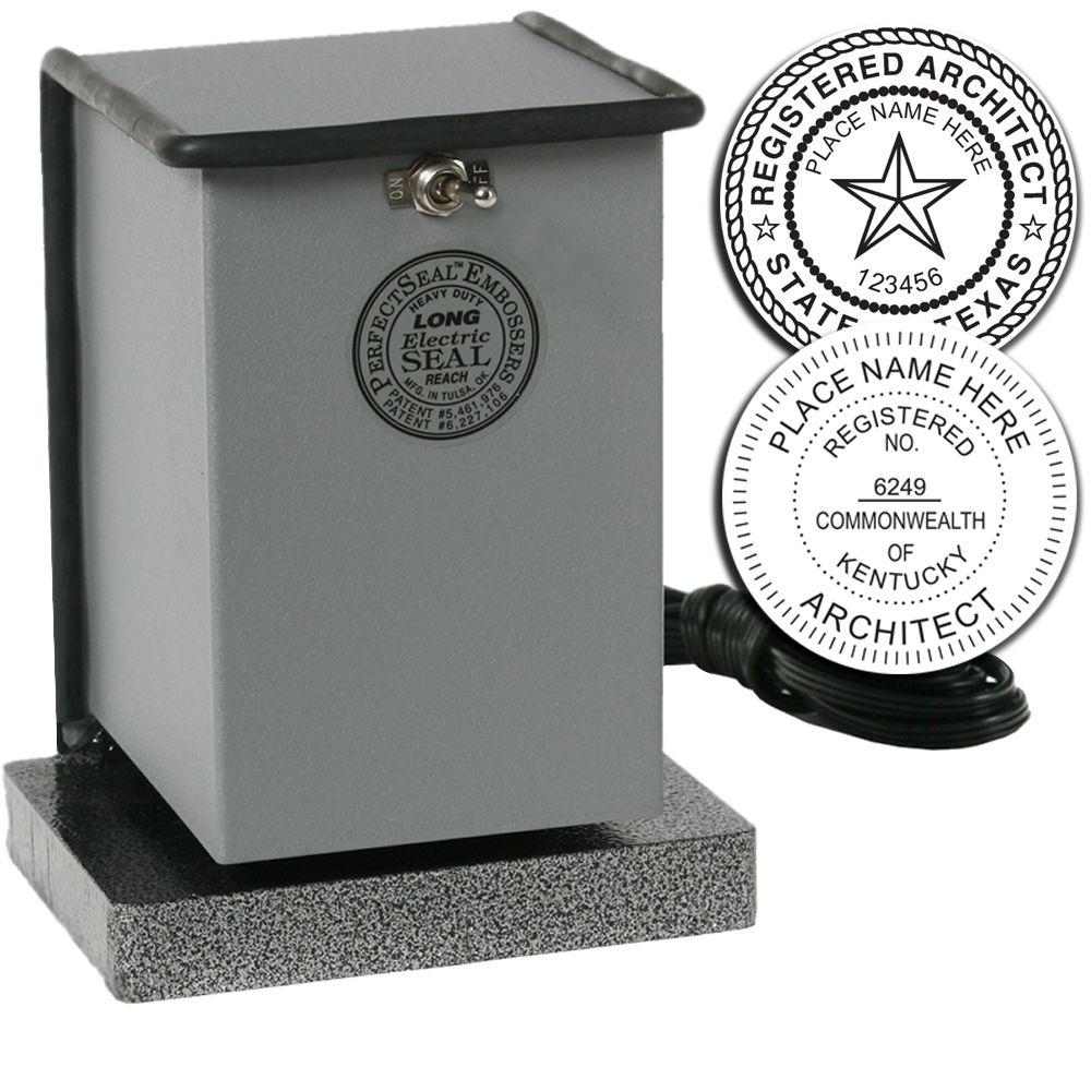 Electric embossing seal press with custom architect and professional seal impressions on a gray desktop machine.