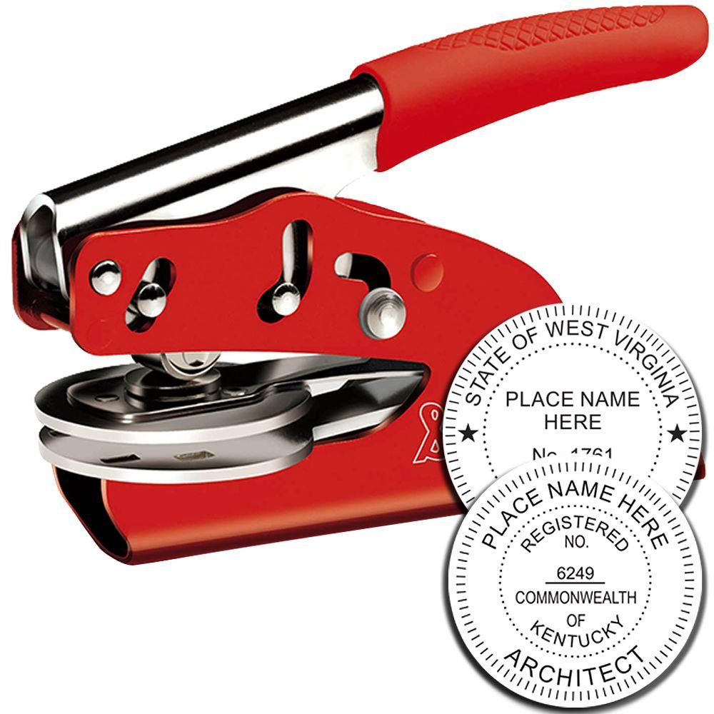 Red self-inking embossing seal stamp with custom West Virginia and Kentucky architect seals.