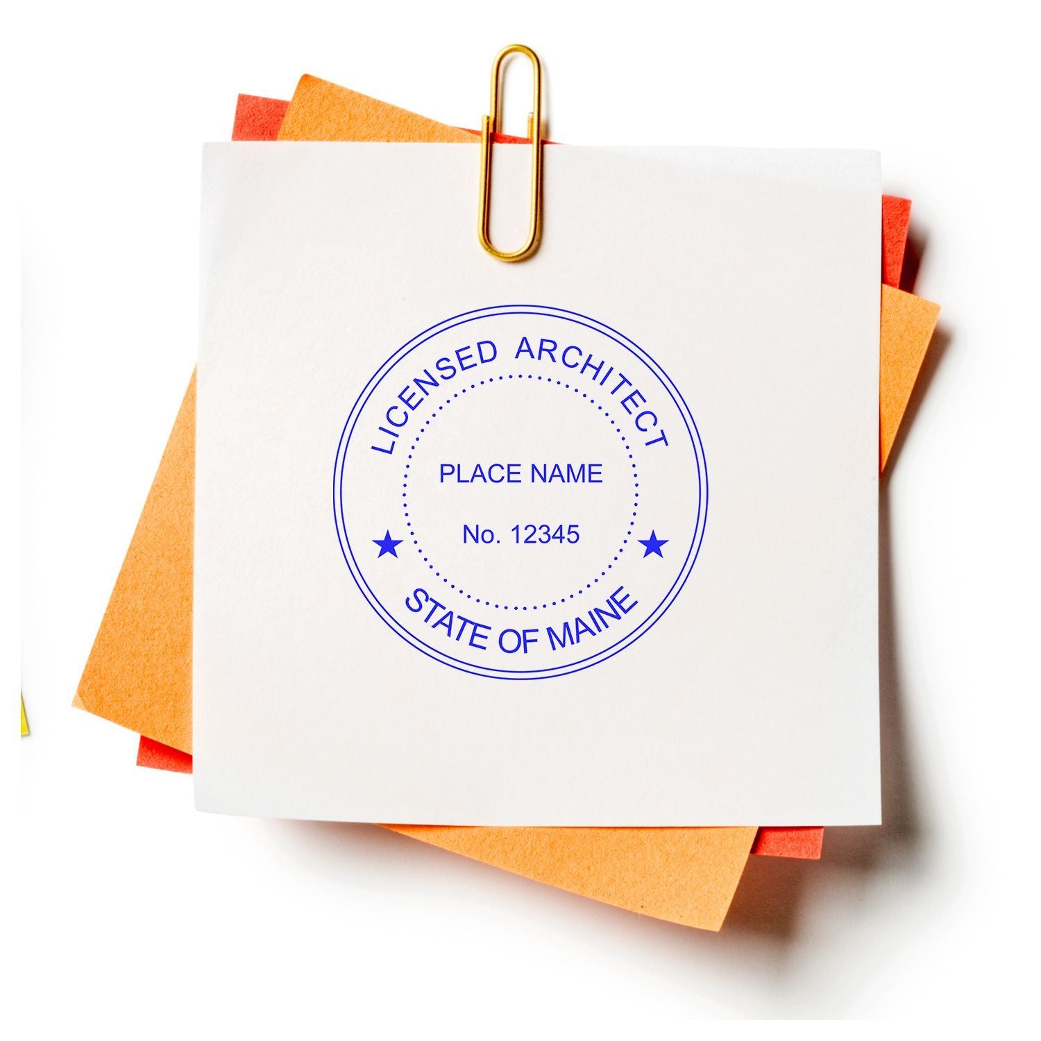 Licensed architect State of Maine stamp on paperwork clipped with paperclip and sticky notes