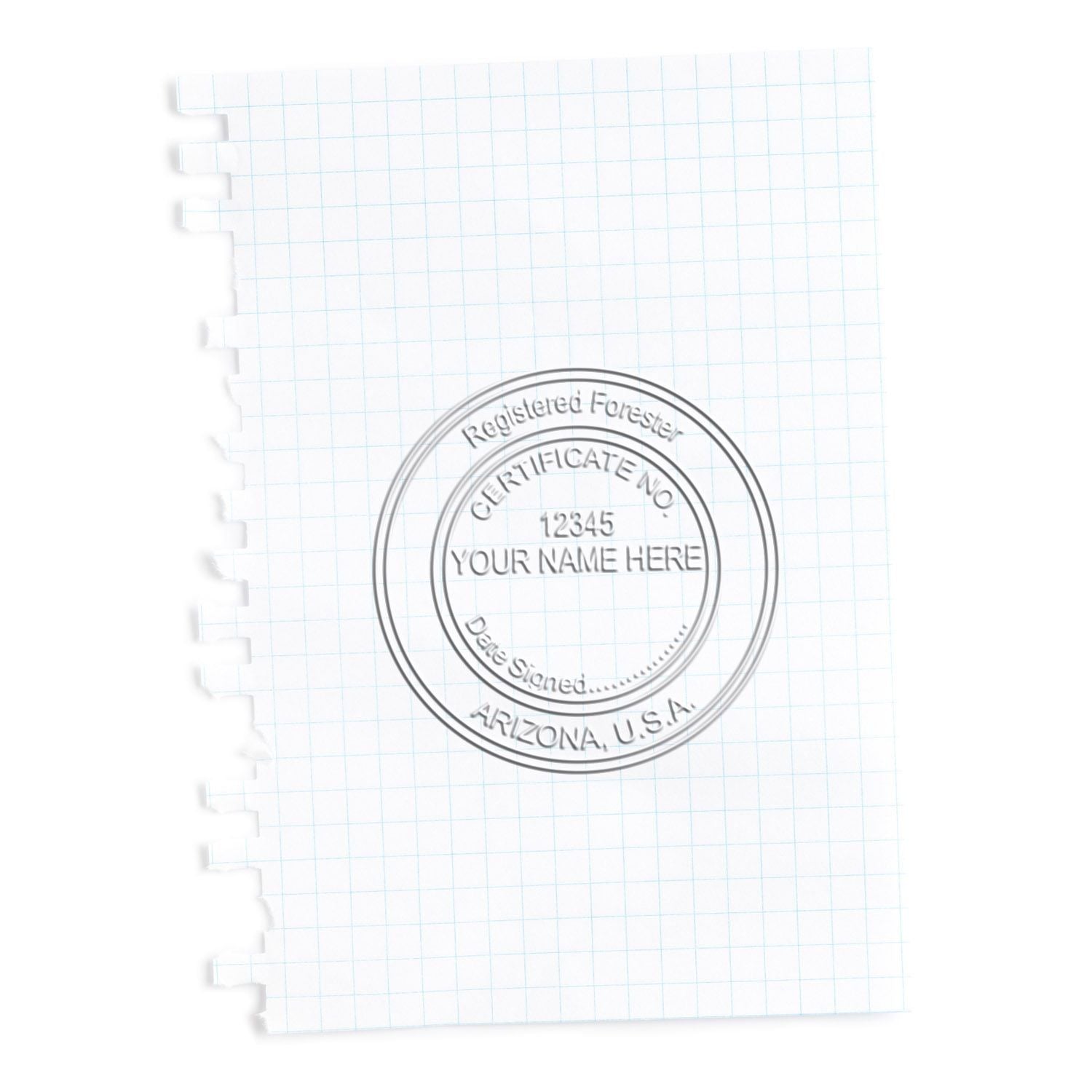 Embossed Registered Forester certificate stamp on graph paper notebook page with blank template text.