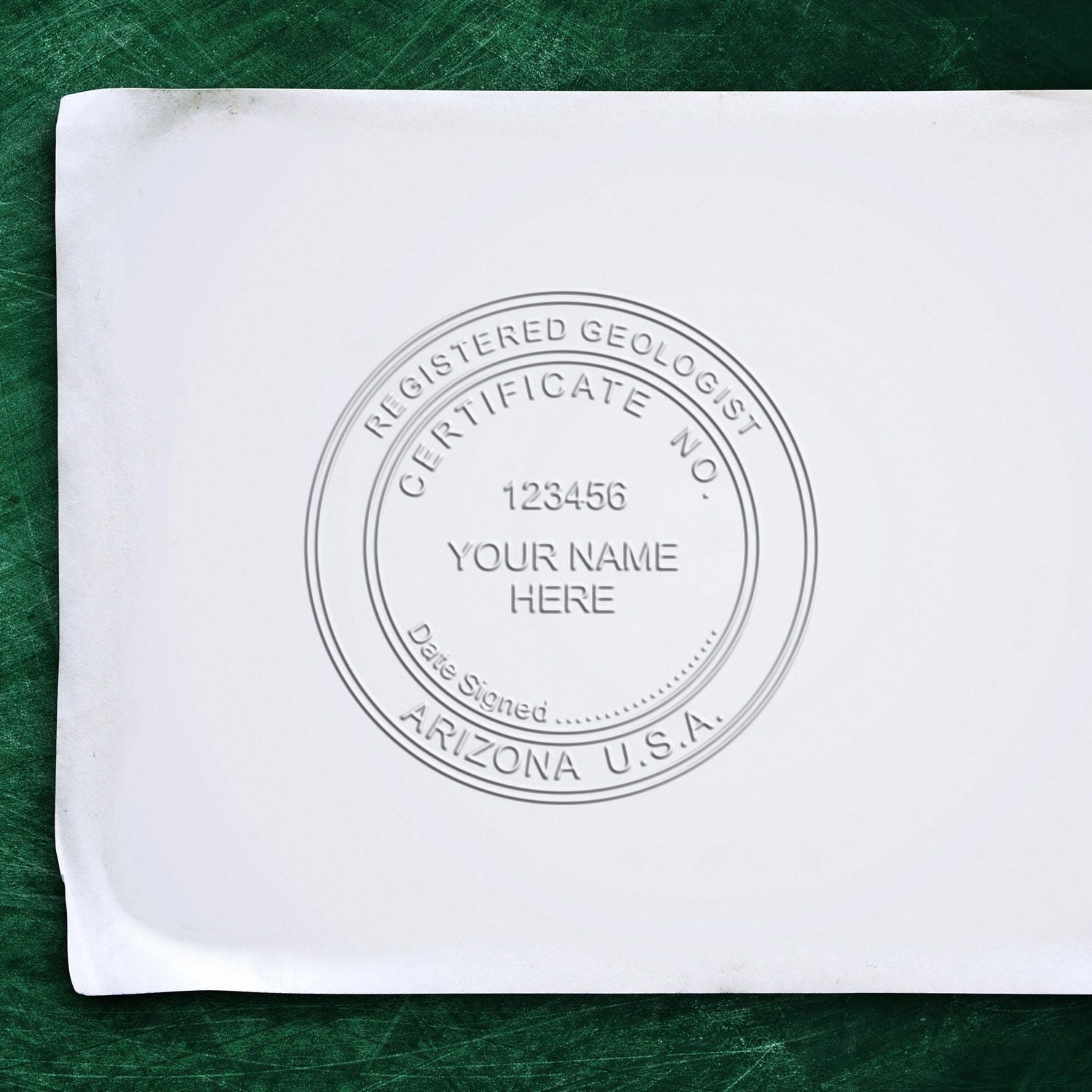 Embossed Registered Geologist certificate seal on white paper, Arizona U.S.A. with custom name and certificate number.