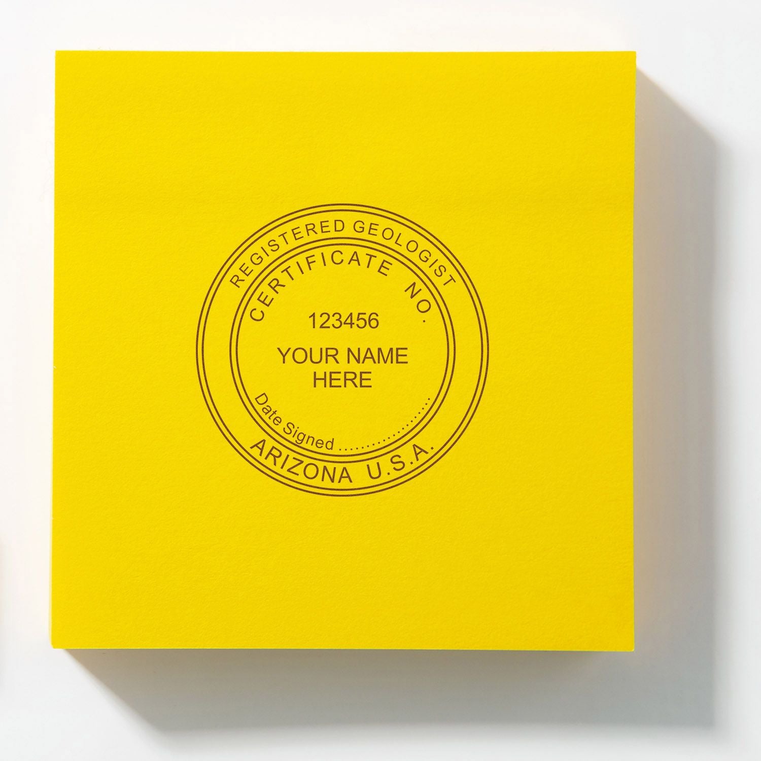 Yellow Registered Geologist Certificate cover from Arizona, U.S.A. with circular seal and placeholder name text.