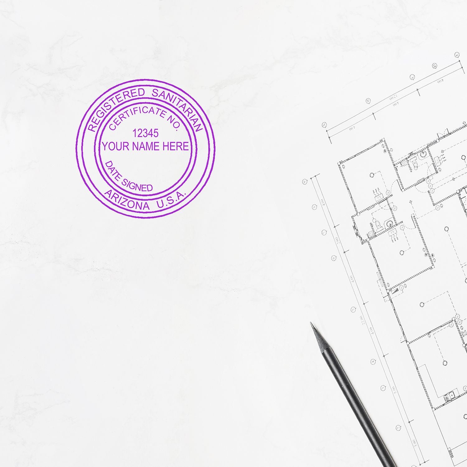 Purple registered sanitarian certificate stamp on an architectural blueprint with pencil and floor plan drawing.