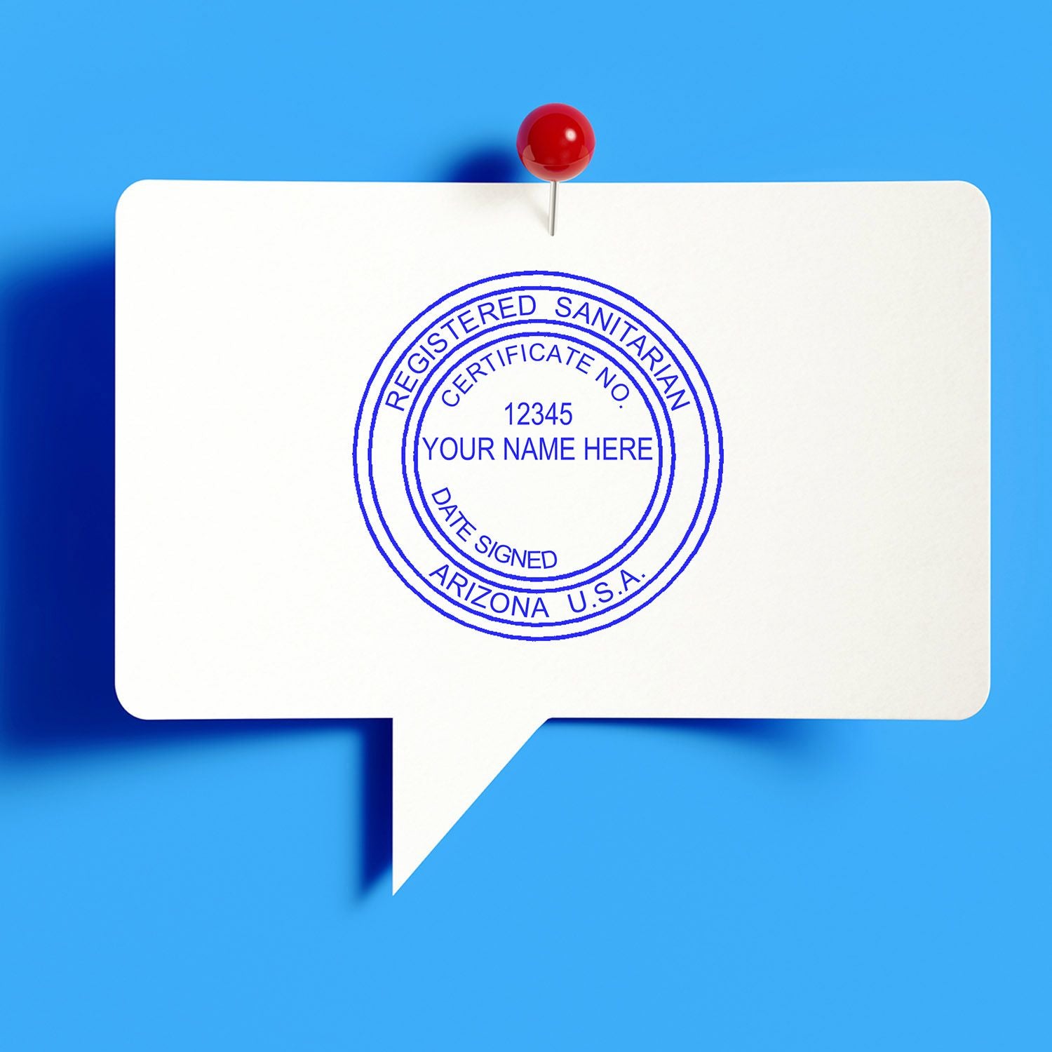 White speech bubble pinned with red pushpin, featuring a Registered Sanitarian certificate stamp on a blue background.