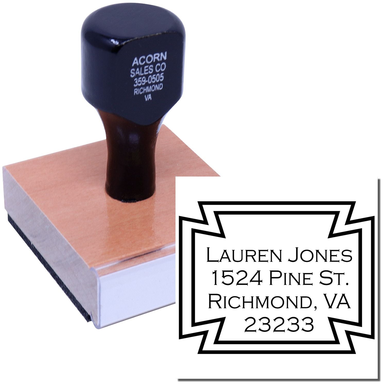 Custom return address rubber stamp for Lauren Jones, Richmond, VA 23233, showing a personalized mailing stamp design.